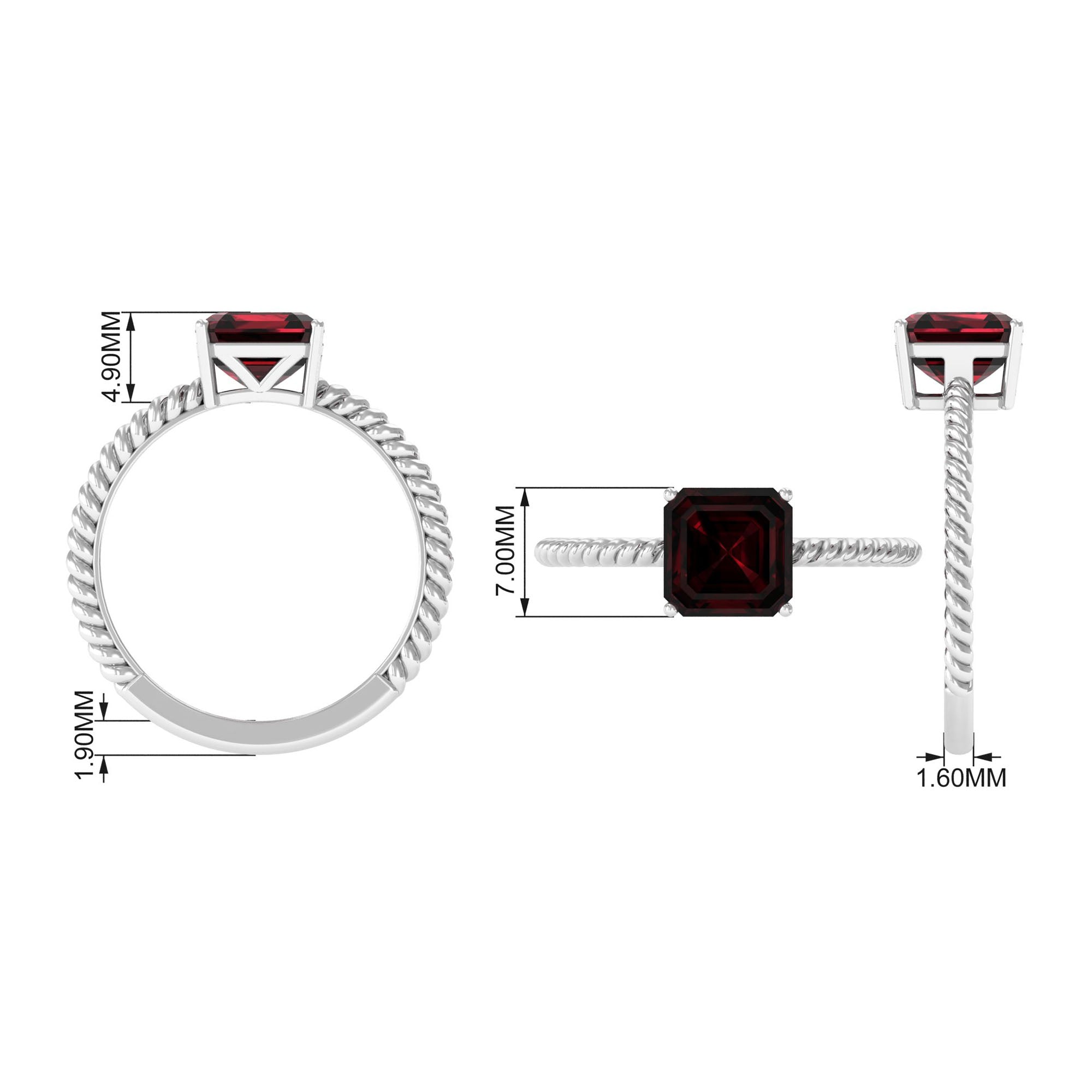 8 MM Asscher Cut Garnet Solitaire Ring with Twisted Rope Garnet - ( AAA ) - Quality - Rosec Jewels