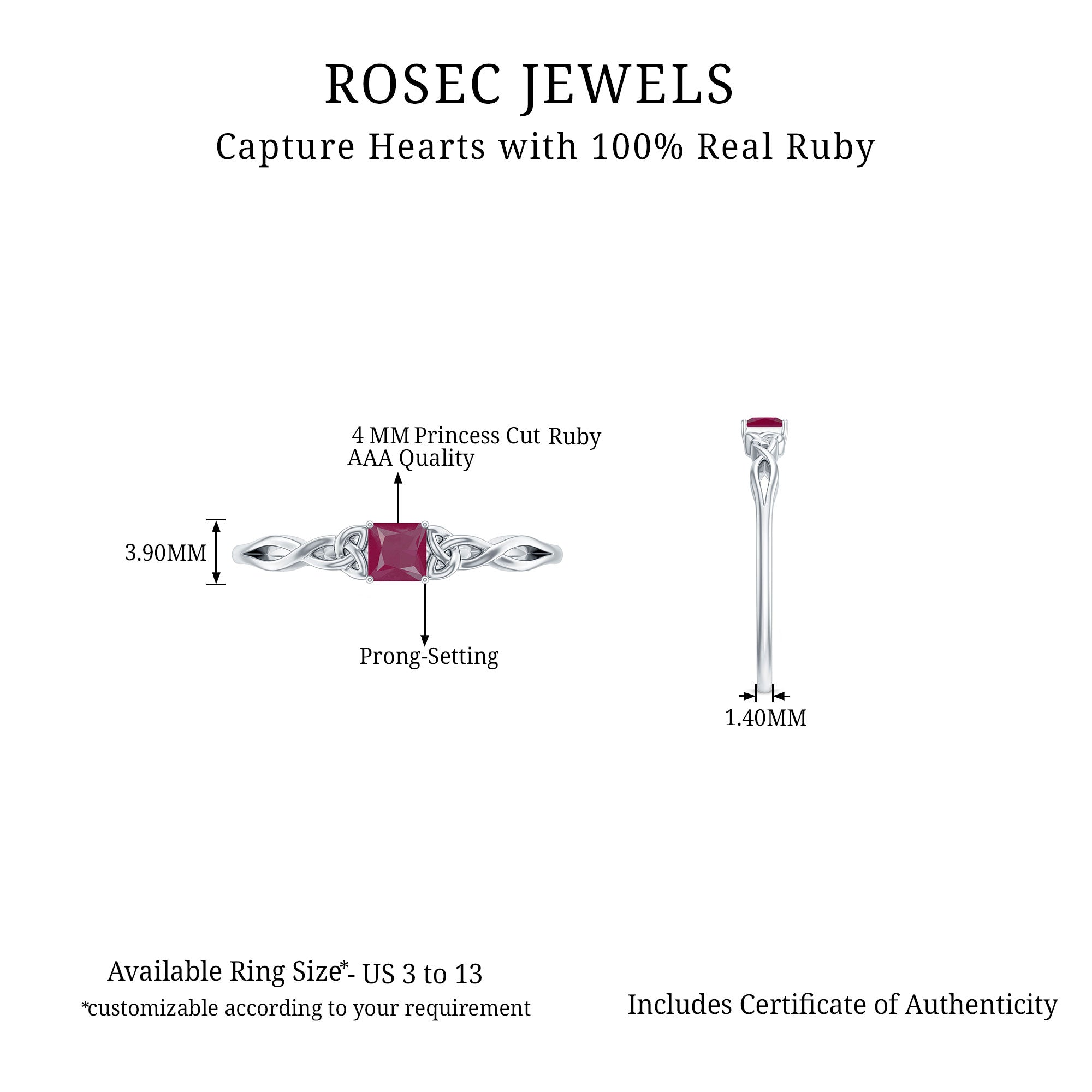 Four Prong Set Princess Cut Solitaire Ruby Ring in Celtic Pattern Ruby - ( AAA ) - Quality - Rosec Jewels