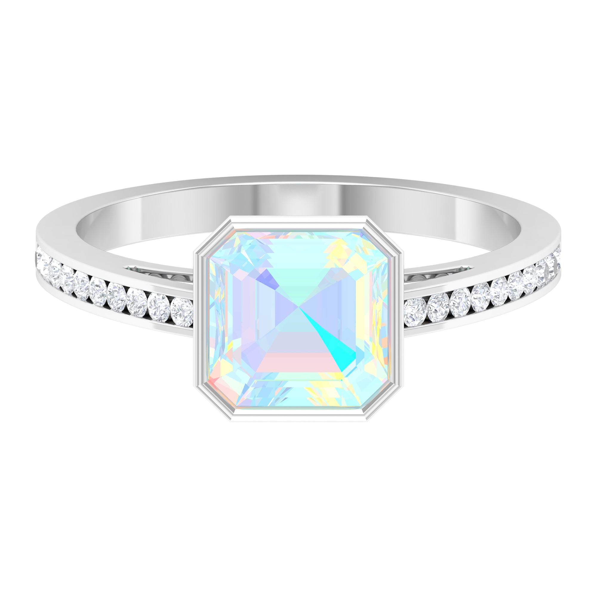 Bezel Set Asscher Ethiopian Opal Solitaire Ring with Diamond Ethiopian Opal - ( AAA ) - Quality - Rosec Jewels