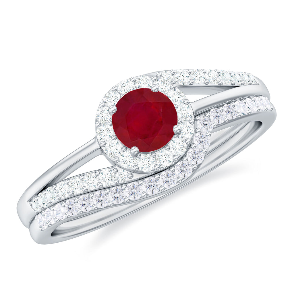 Natural Ruby and Diamond Minimal Bridal Ring Set Ruby - ( AAA ) - Quality - Rosec Jewels