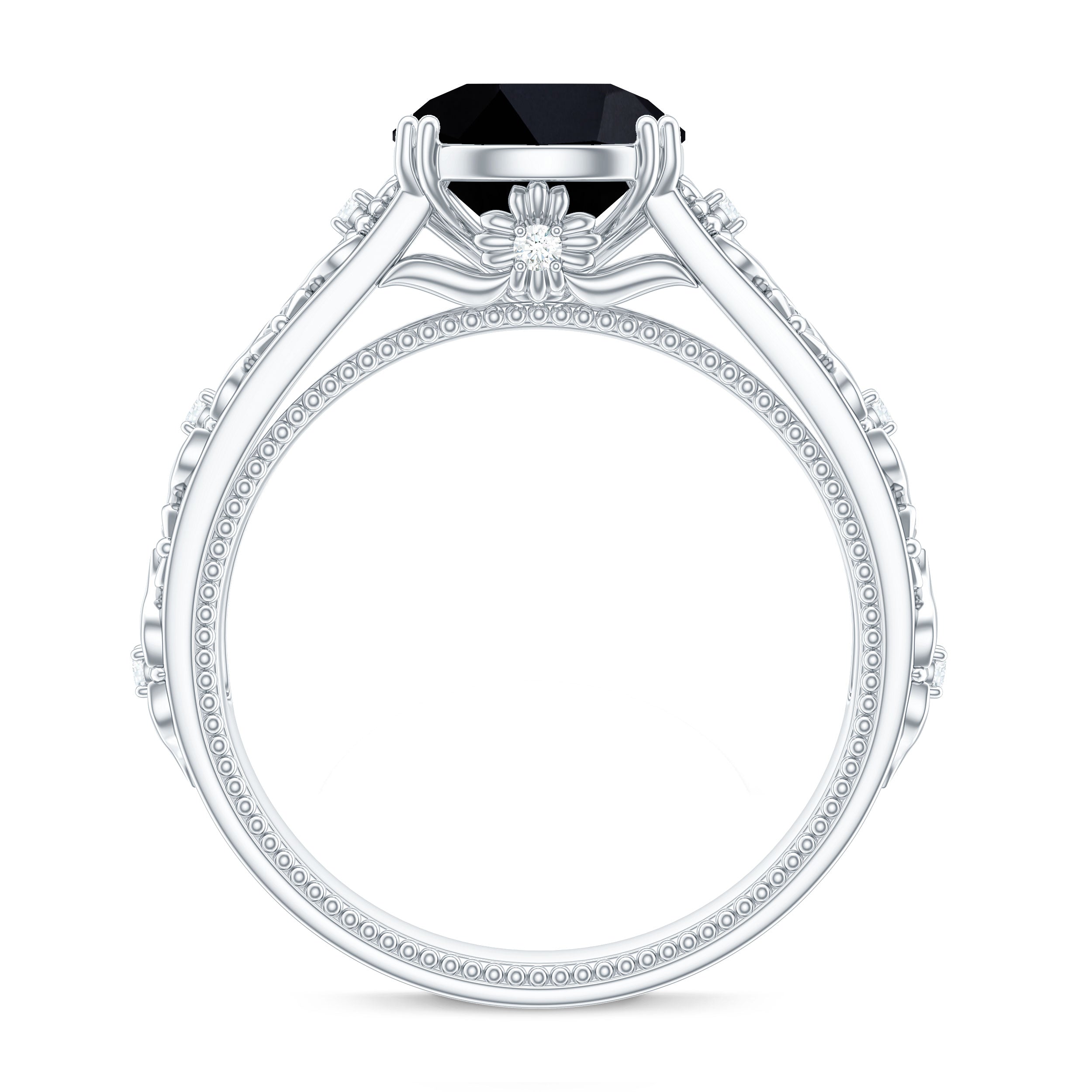 Round Black Onyx Floral Engagement Ring with Diamond Black Onyx - ( AAA ) - Quality - Rosec Jewels