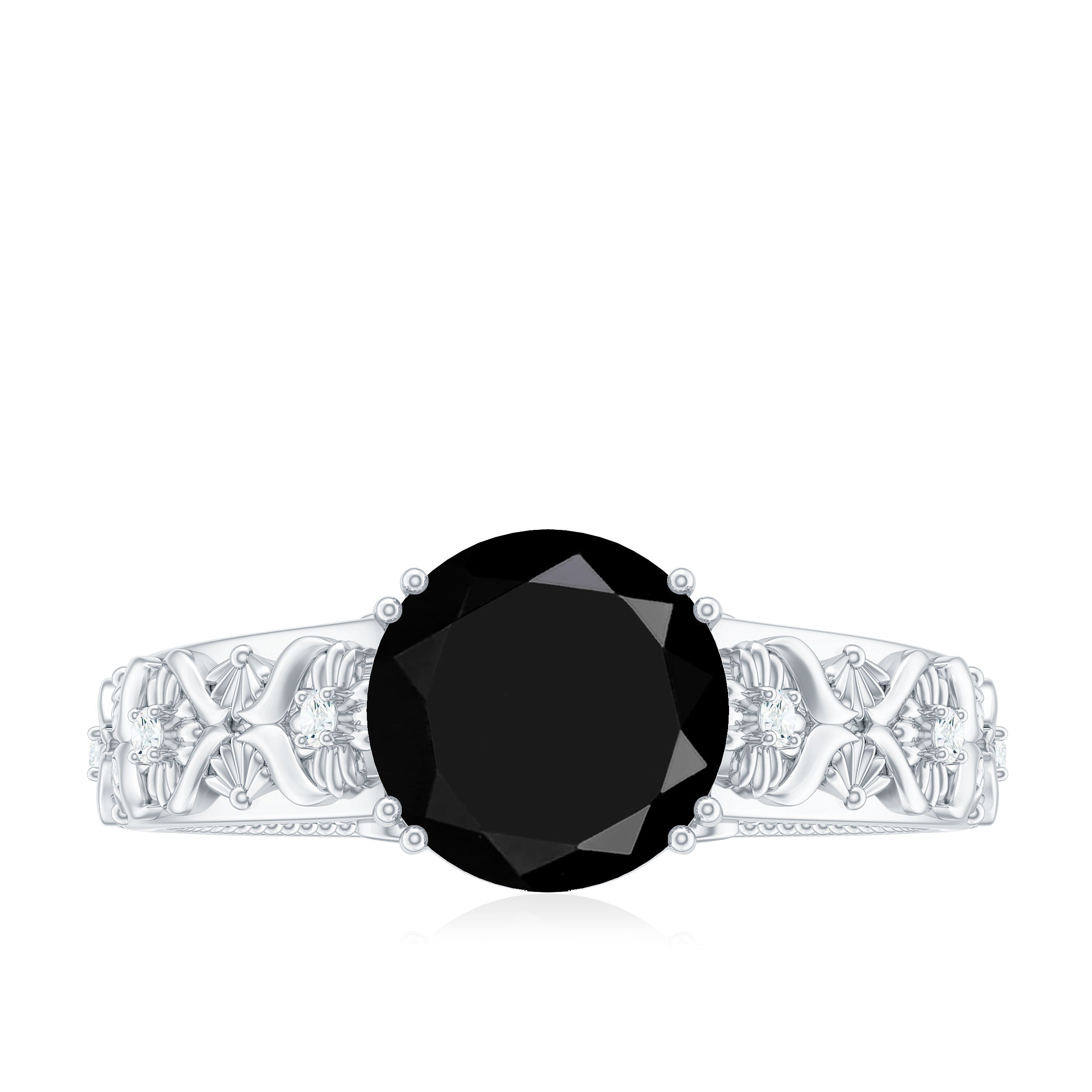 Round Black Onyx Floral Engagement Ring with Diamond Black Onyx - ( AAA ) - Quality - Rosec Jewels