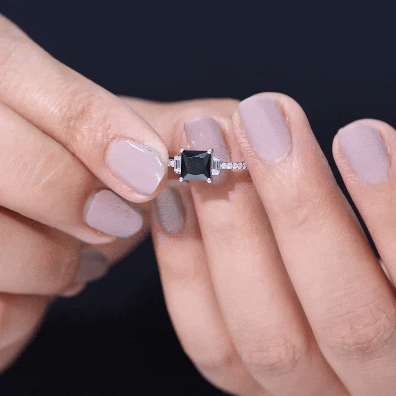 Princess Cut Created Black Diamond Solitaire Ring with Diamond Side Stones Lab Created Black Diamond - ( AAAA ) - Quality - Rosec Jewels