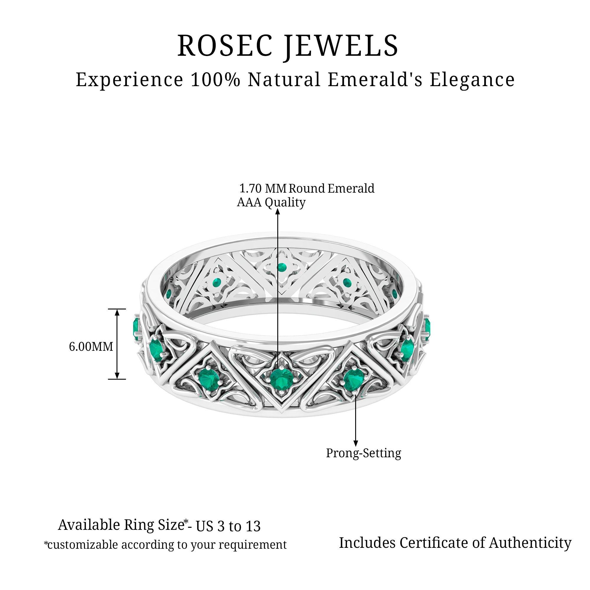 Vintage Inspired Emerald Wedding Band Emerald - ( AAA ) - Quality - Rosec Jewels