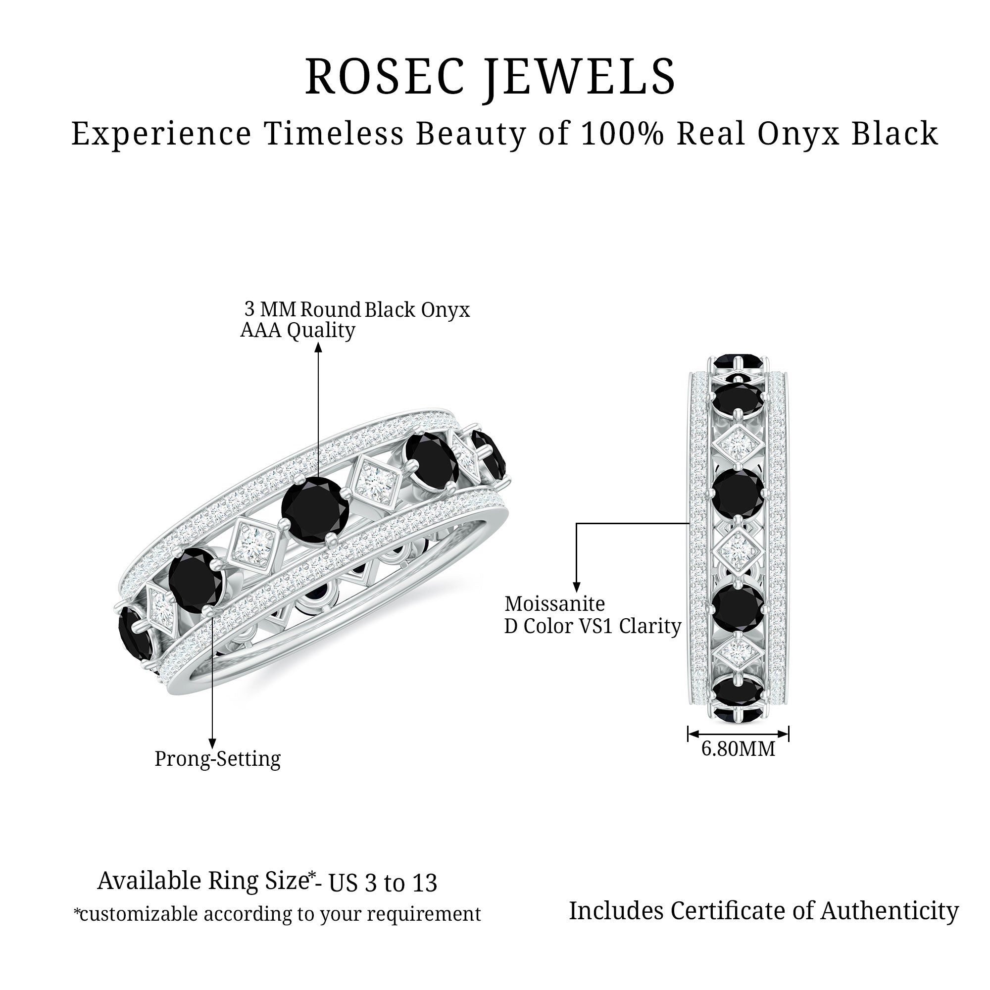 1.75 CT Vintage Black Onyx and Moissanite Wedding Band Black Onyx - ( AAA ) - Quality - Rosec Jewels