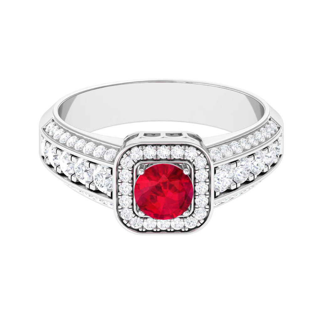 Lab Grown Ruby and Moissanite Halo Engagement Ring Lab Created Ruby - ( AAAA ) - Quality - Rosec Jewels