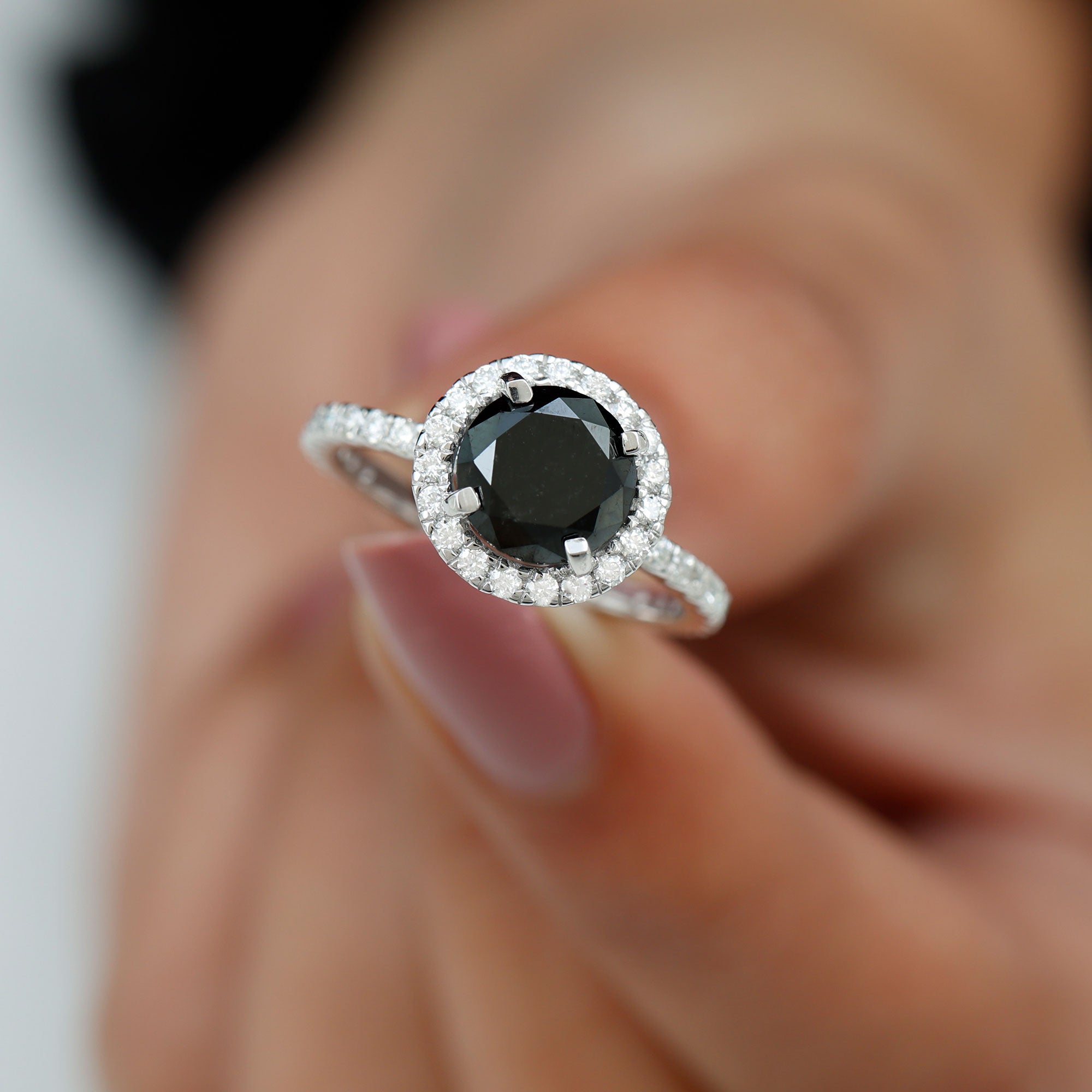 Lab Grown Black Diamond Classic Halo Engagement Ring with Diamond Lab Created Black Diamond - ( AAAA ) - Quality - Rosec Jewels