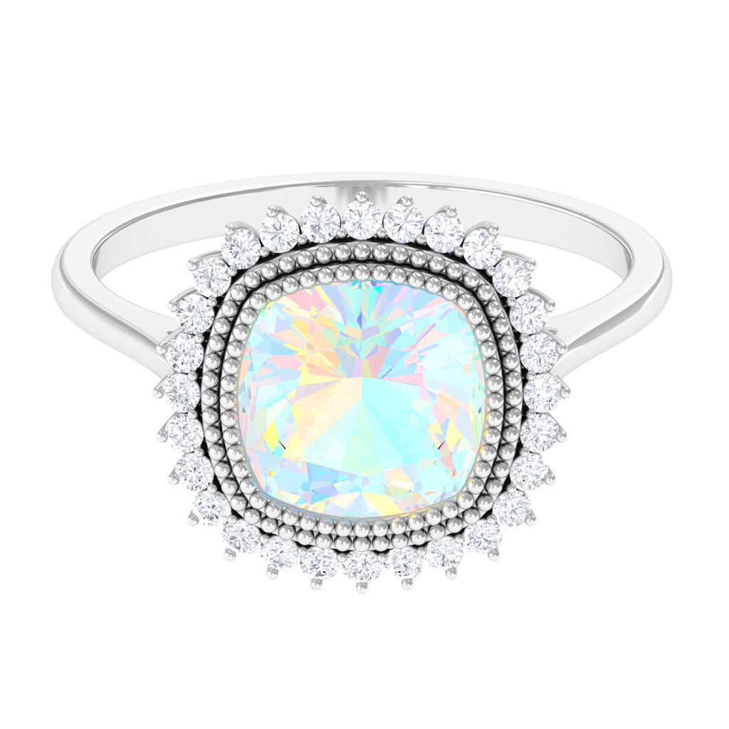 Rosec Jewels-Cushion Cut Ethiopian Opal Statement Engagement Ring with Diamond Halo