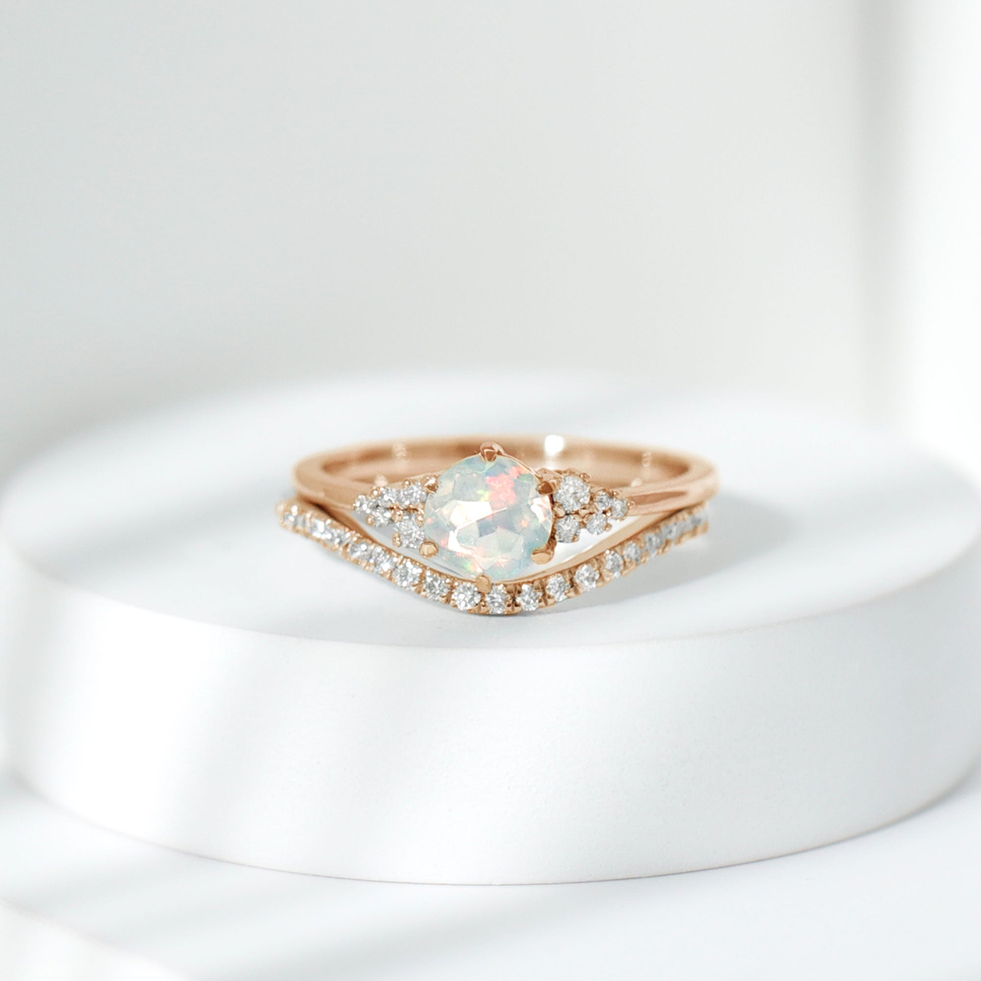 Round Ethiopian Opal and Diamond Bridal Ring Set Ethiopian Opal - ( AAA ) - Quality - Rosec Jewels
