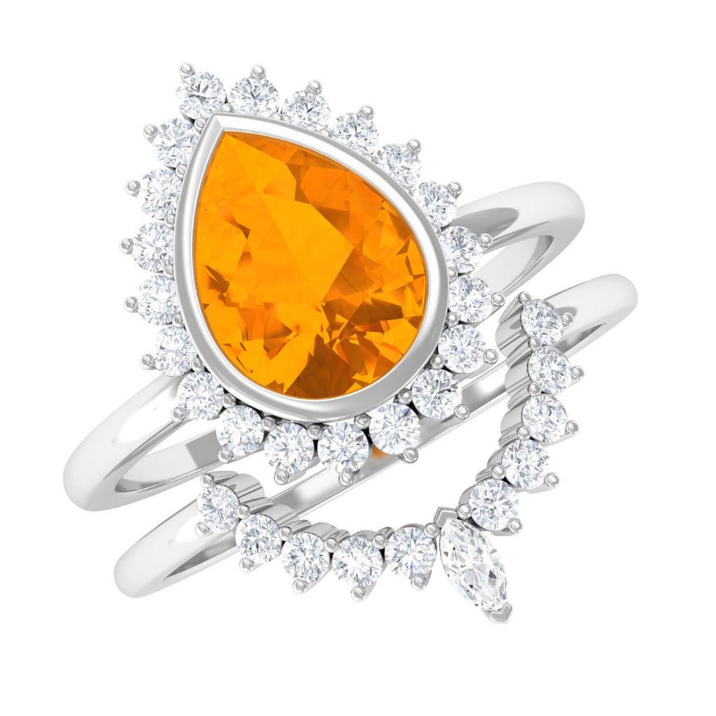 Real Fire Opal Teardrop Wedding Ring Set with Diamond Halo Fire Opal - ( AAA ) - Quality - Rosec Jewels