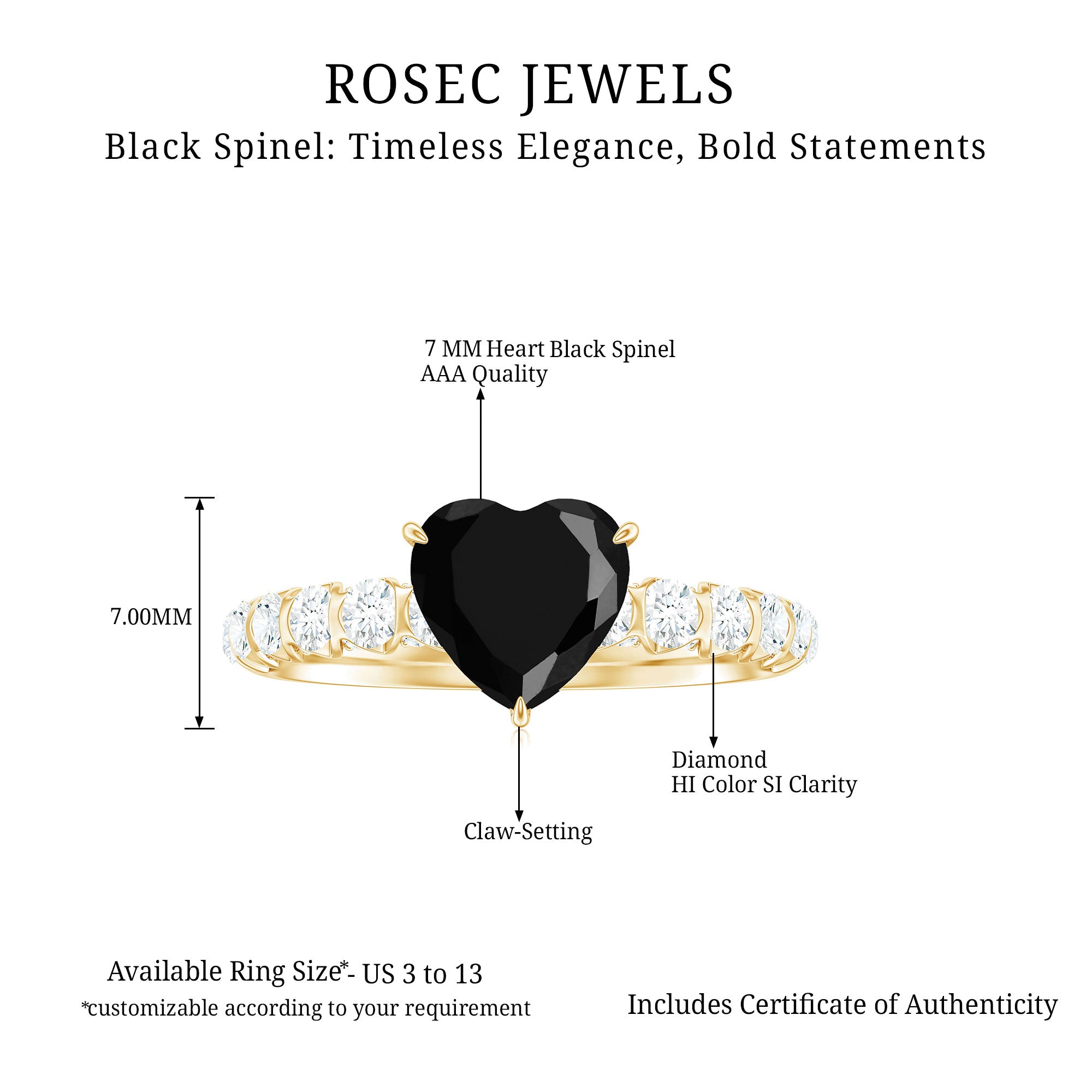 Heart Shape Black Spinel Solitaire Engagement Ring with Diamond Black Spinel - ( AAA ) - Quality - Rosec Jewels
