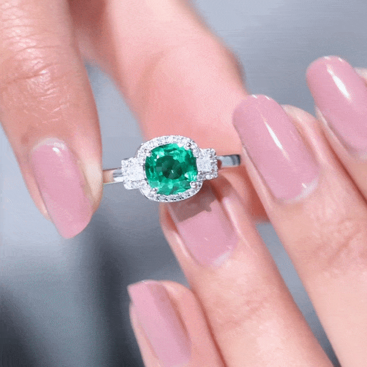 Cushion Cut Lab Grown Emerald Cocktail Engagement Ring with Diamond Lab Created Emerald - ( AAAA ) - Quality - Rosec Jewels