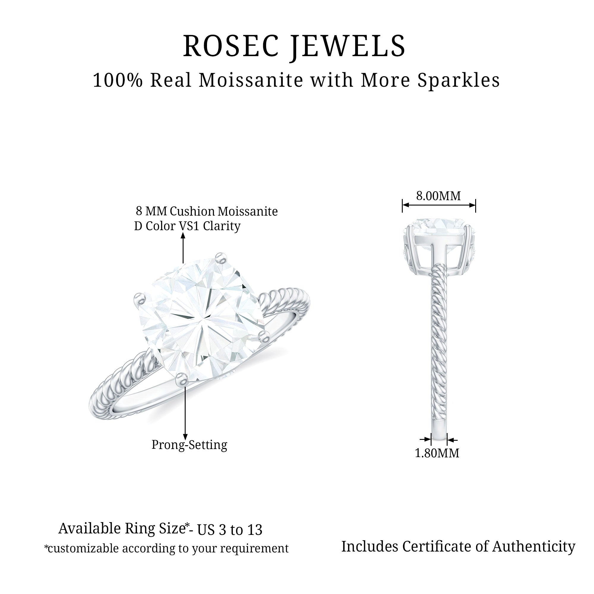 Cushion Cut Moissanite Solitaire Ring with Gold Twisted Rope Moissanite - ( D-VS1 ) - Color and Clarity - Rosec Jewels
