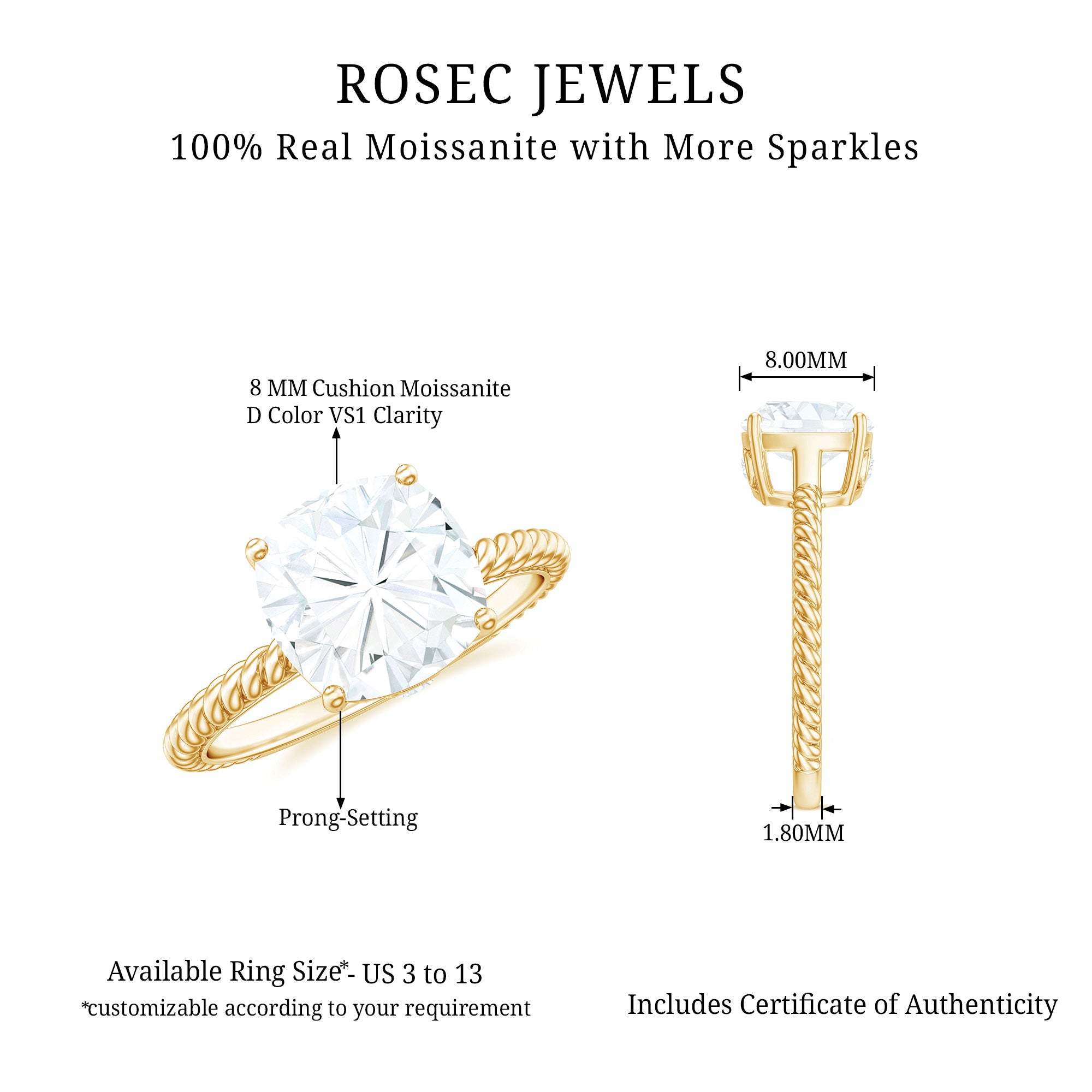 Cushion Cut Moissanite Solitaire Ring with Gold Twisted Rope Moissanite - ( D-VS1 ) - Color and Clarity - Rosec Jewels