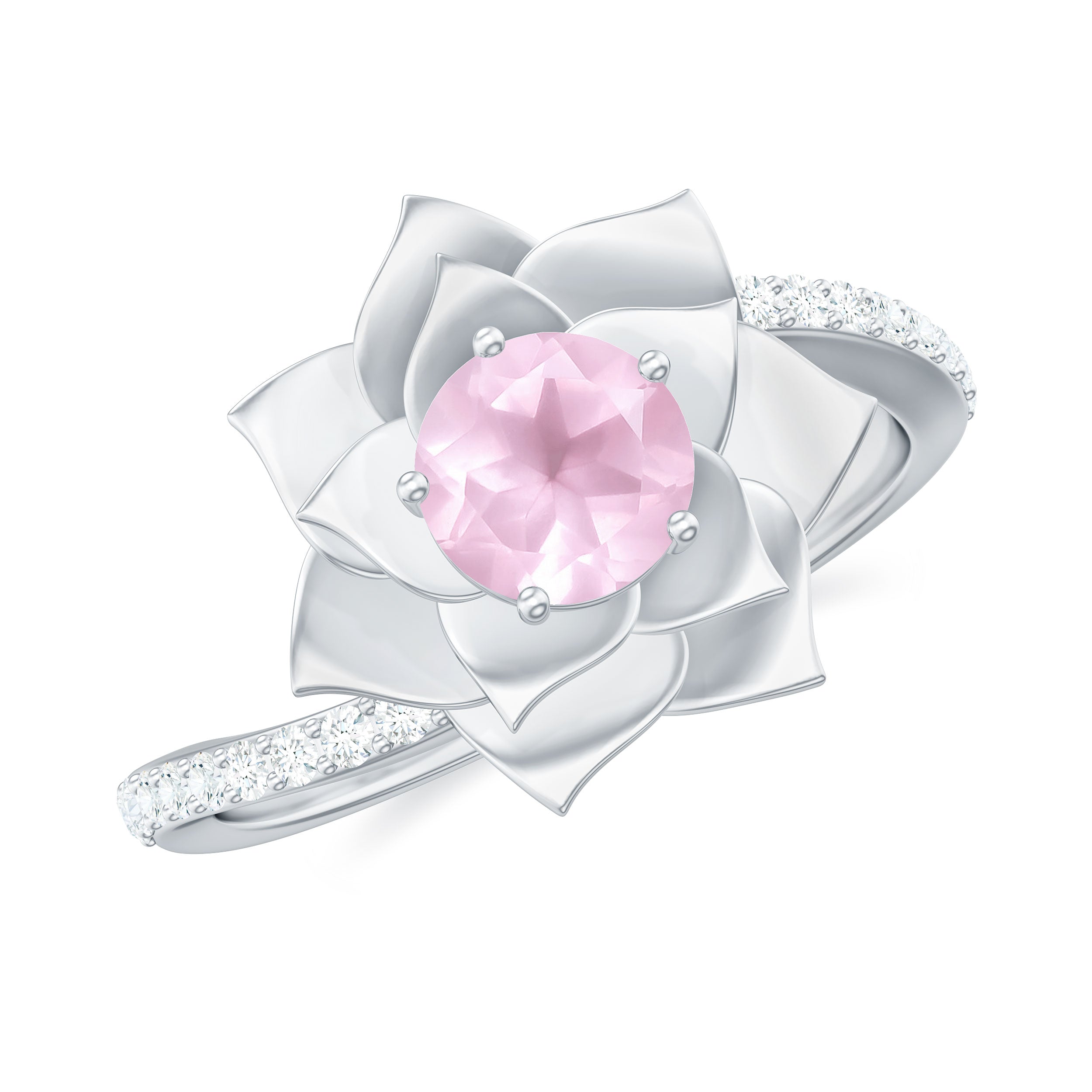 Rose Quartz and Diamond Flower Engagement Ring with Bypass Shank Rose Quartz - ( AAA ) - Quality - Rosec Jewels