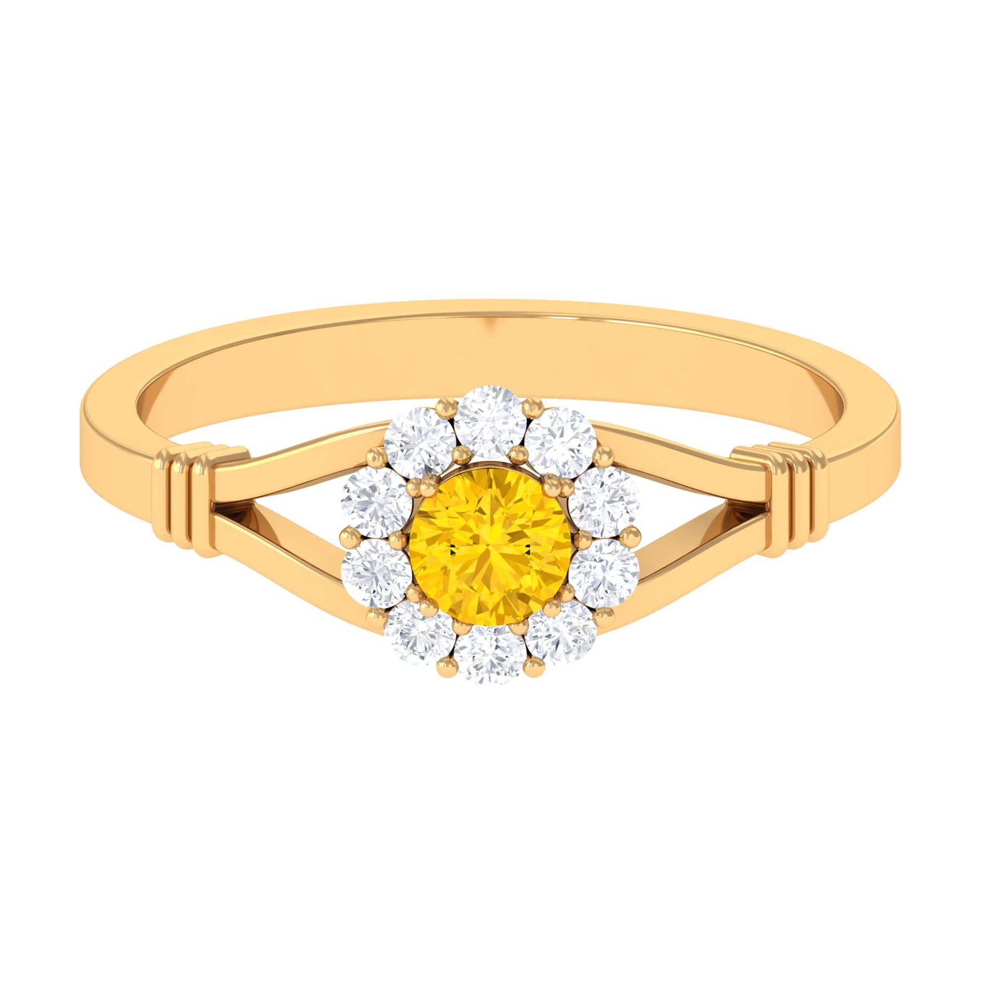 Split Shank Yellow Sapphire and Diamond Halo Engagement Ring Yellow Sapphire - ( AAA ) - Quality - Rosec Jewels