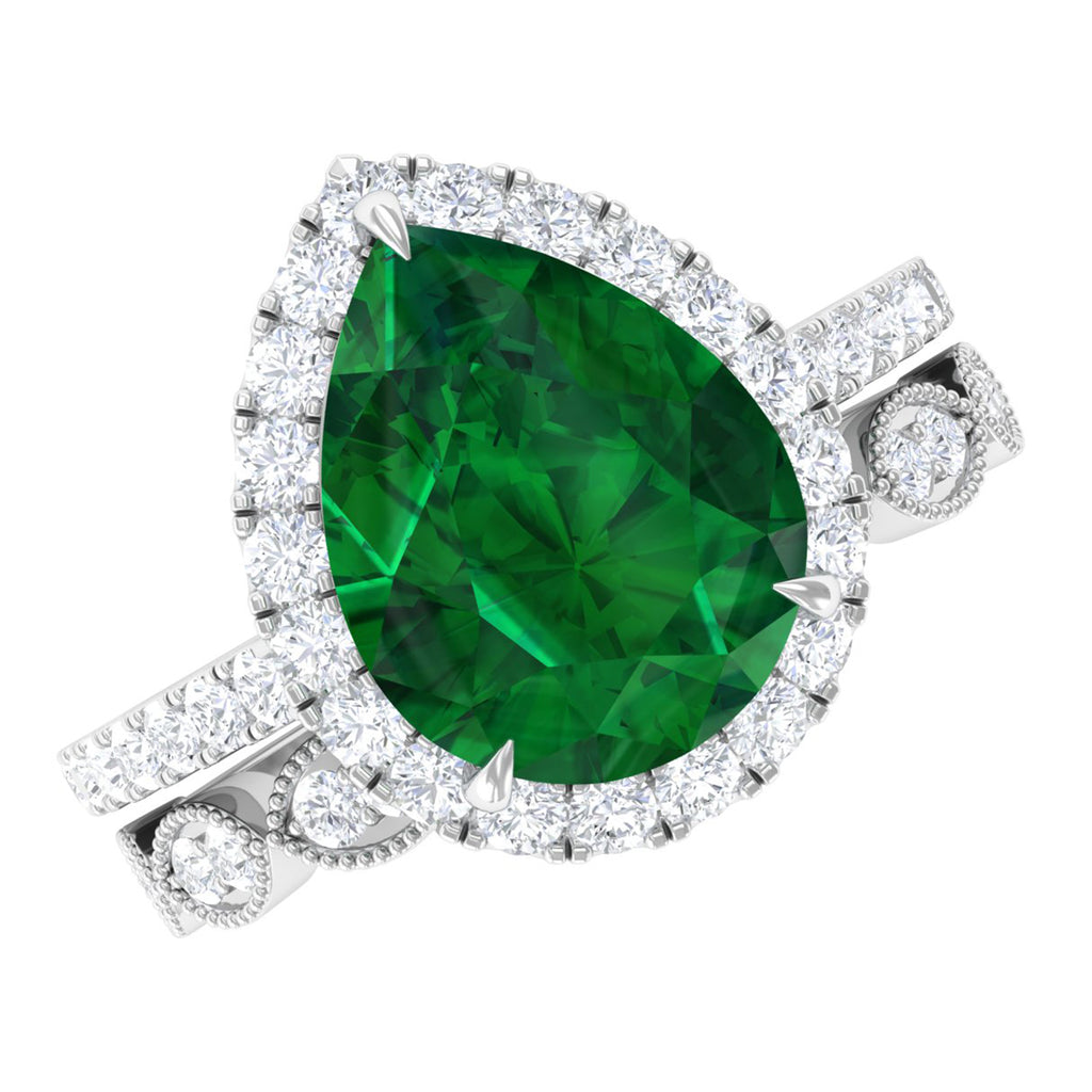 Pear Shape Created Emerald and Diamond Designer Wedding Ring Set Lab Created Emerald - ( AAAA ) - Quality - Rosec Jewels