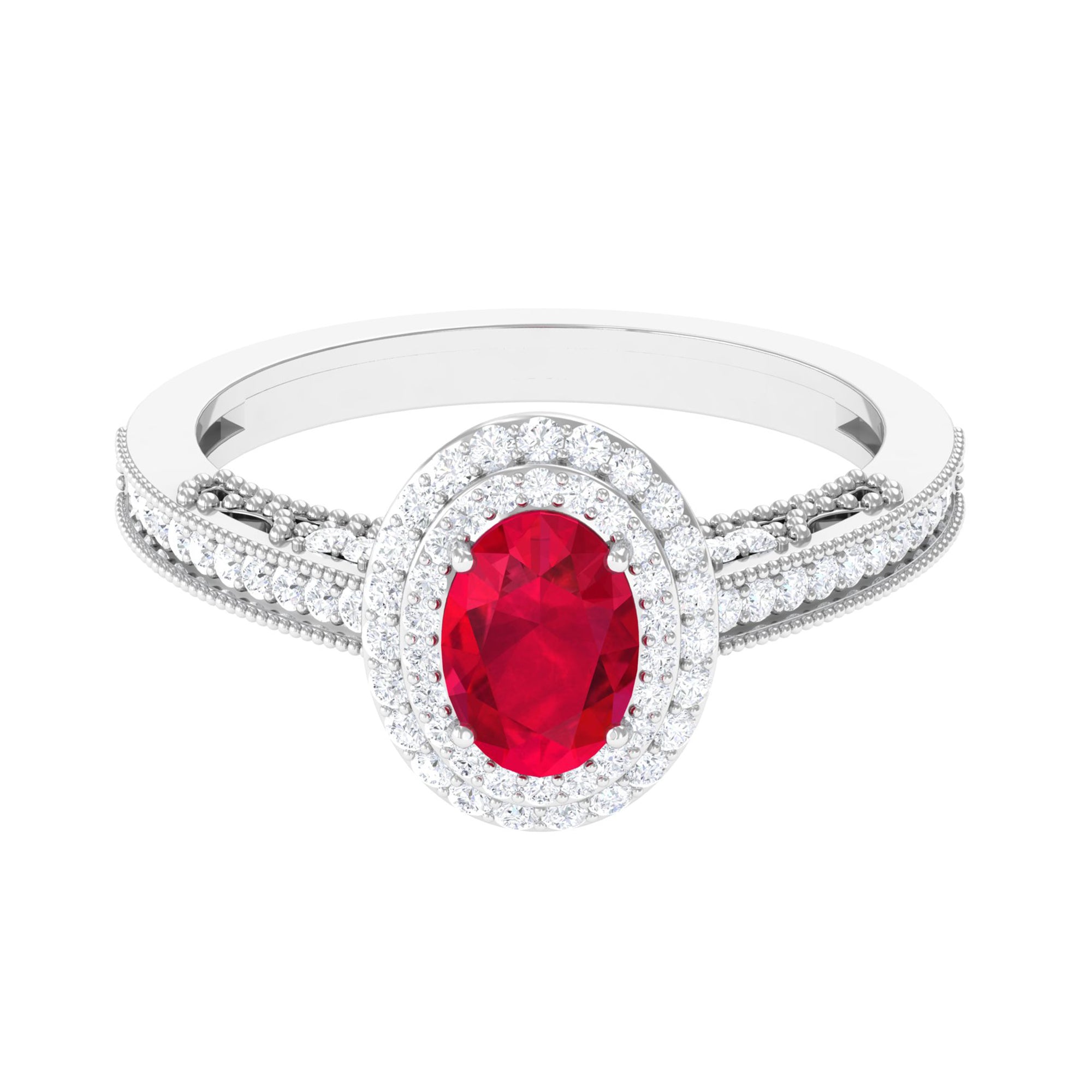 Oval Created Ruby and Diamond Double Halo Engagement Ring Lab Created Ruby - ( AAAA ) - Quality - Rosec Jewels