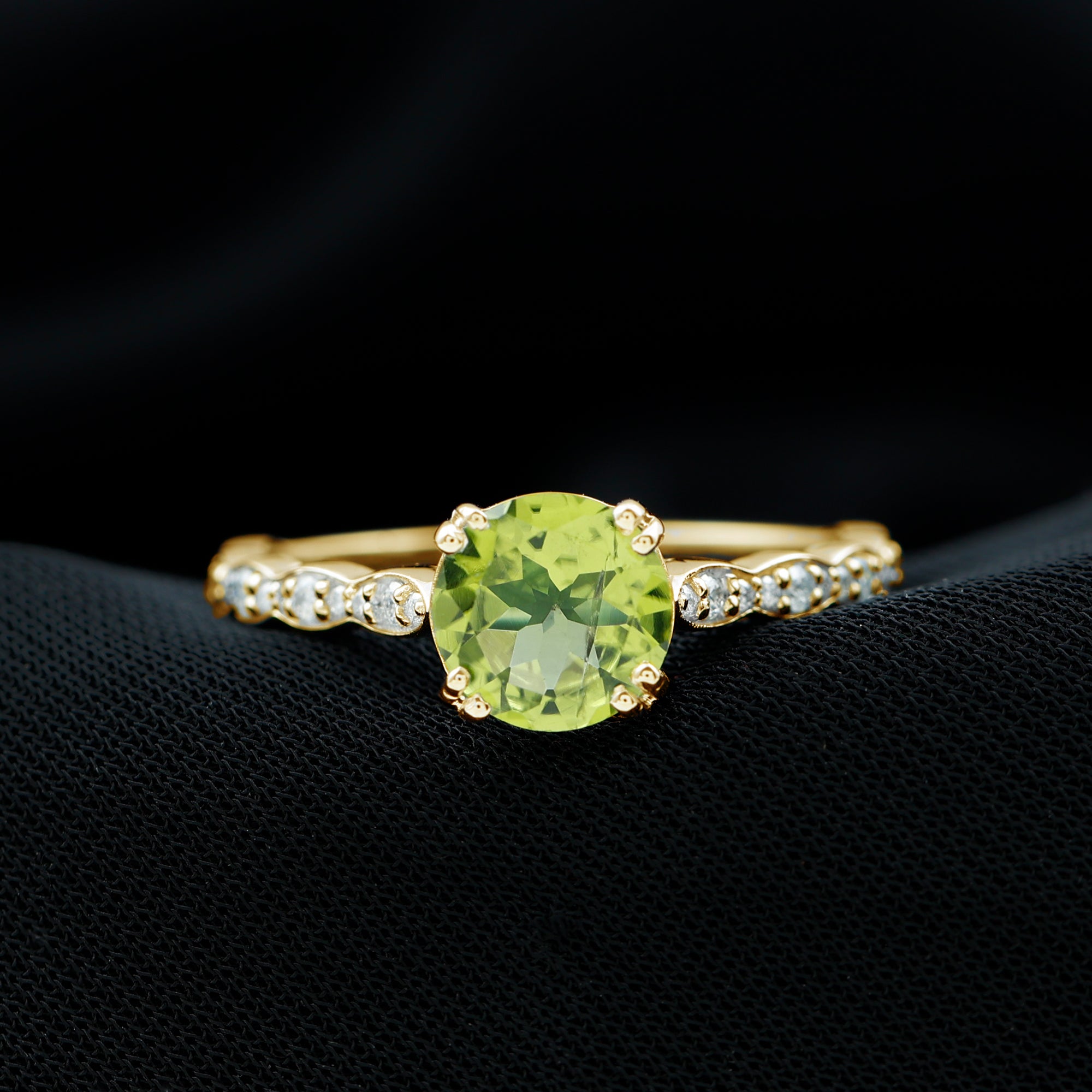 Double Prong Set Peridot Solitaire Ring with Diamond Side Stones Peridot - ( AAA ) - Quality - Rosec Jewels