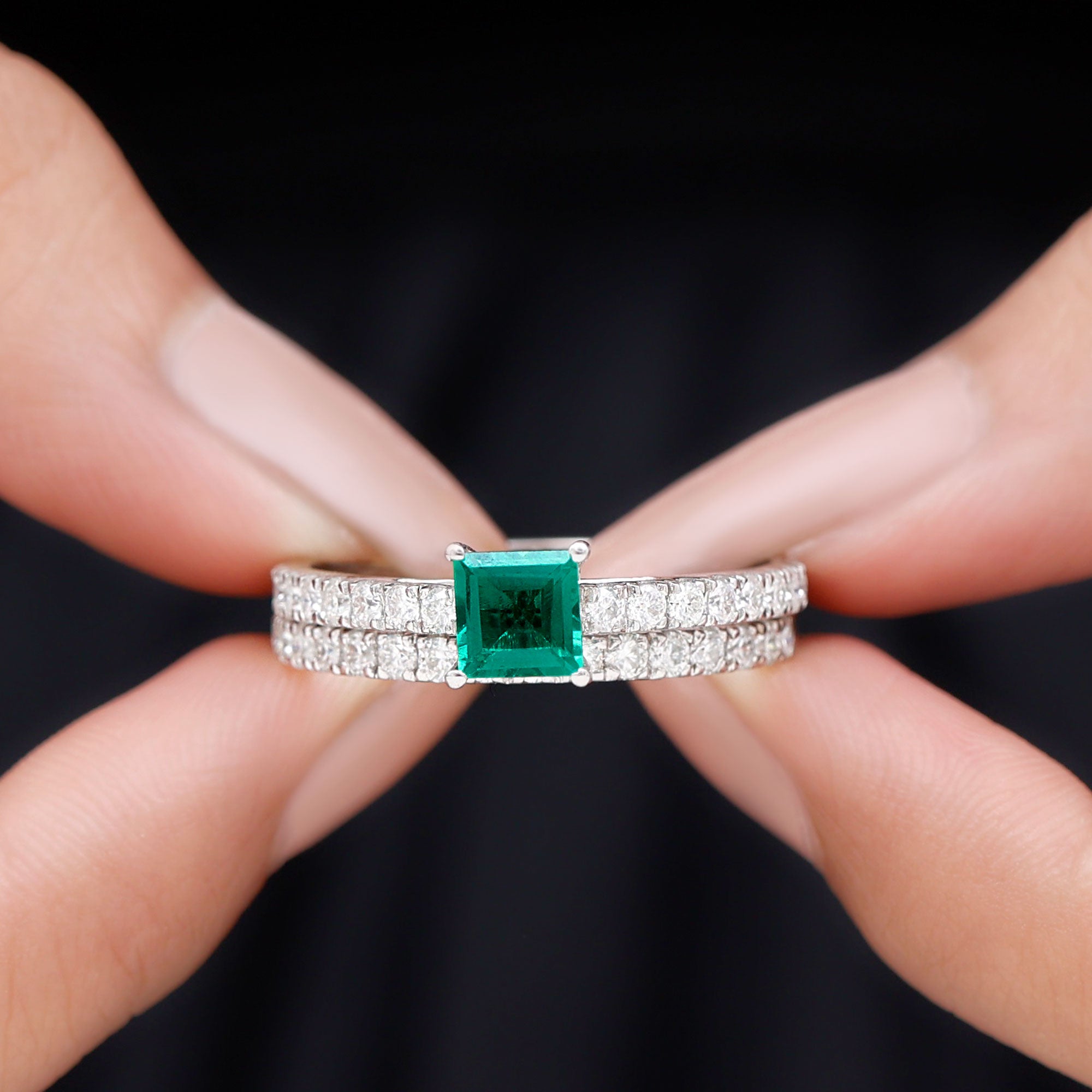 Princess Cut Created Emerald Engagement Ring with Moissanite Enhancer Lab Created Emerald - ( AAAA ) - Quality - Rosec Jewels