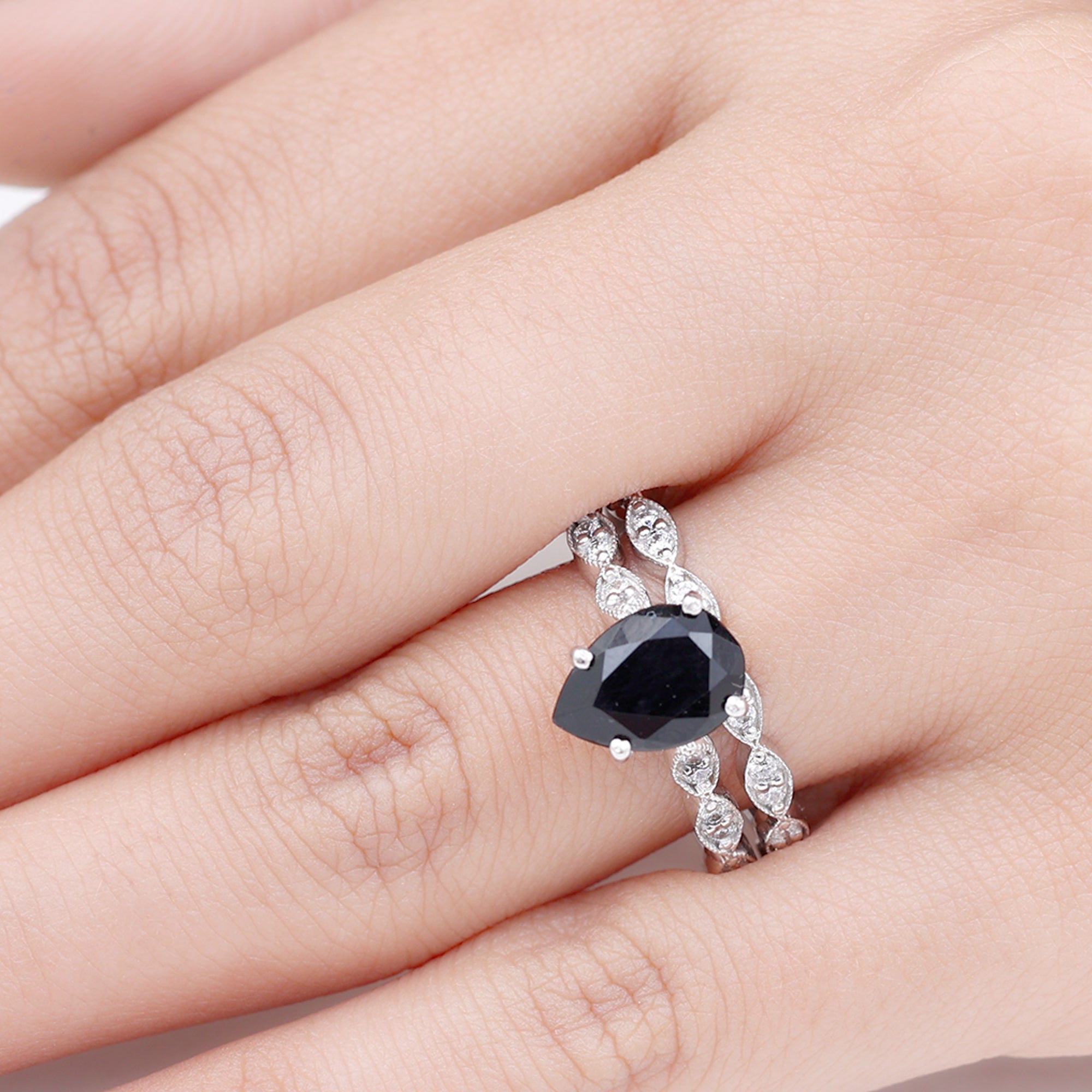 Lab Grown Black Diamond Teardrop Engagement Ring with Moissanite Wedding Band Lab Created Black Diamond - ( AAAA ) - Quality - Rosec Jewels