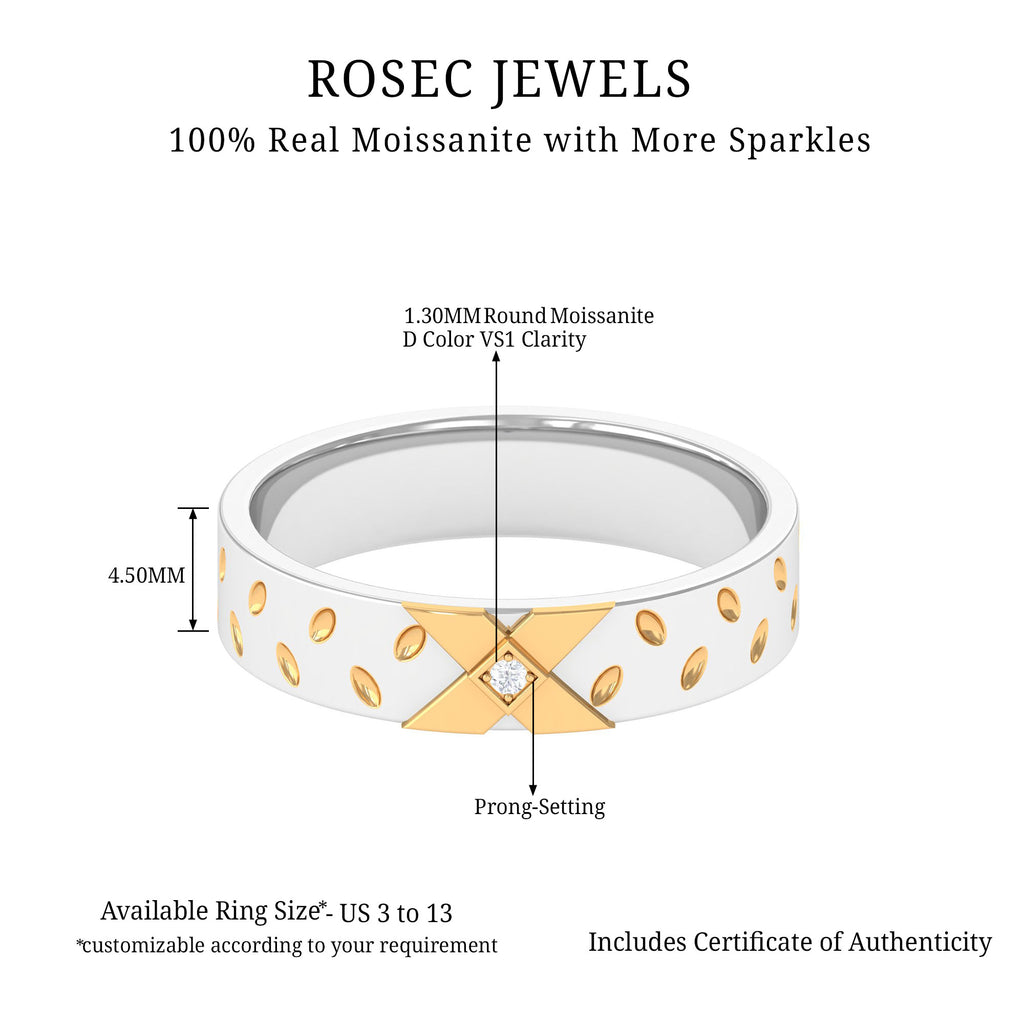 Two Tone Cross Wedding Band with Moissanite Moissanite - ( D-VS1 ) - Color and Clarity - Rosec Jewels