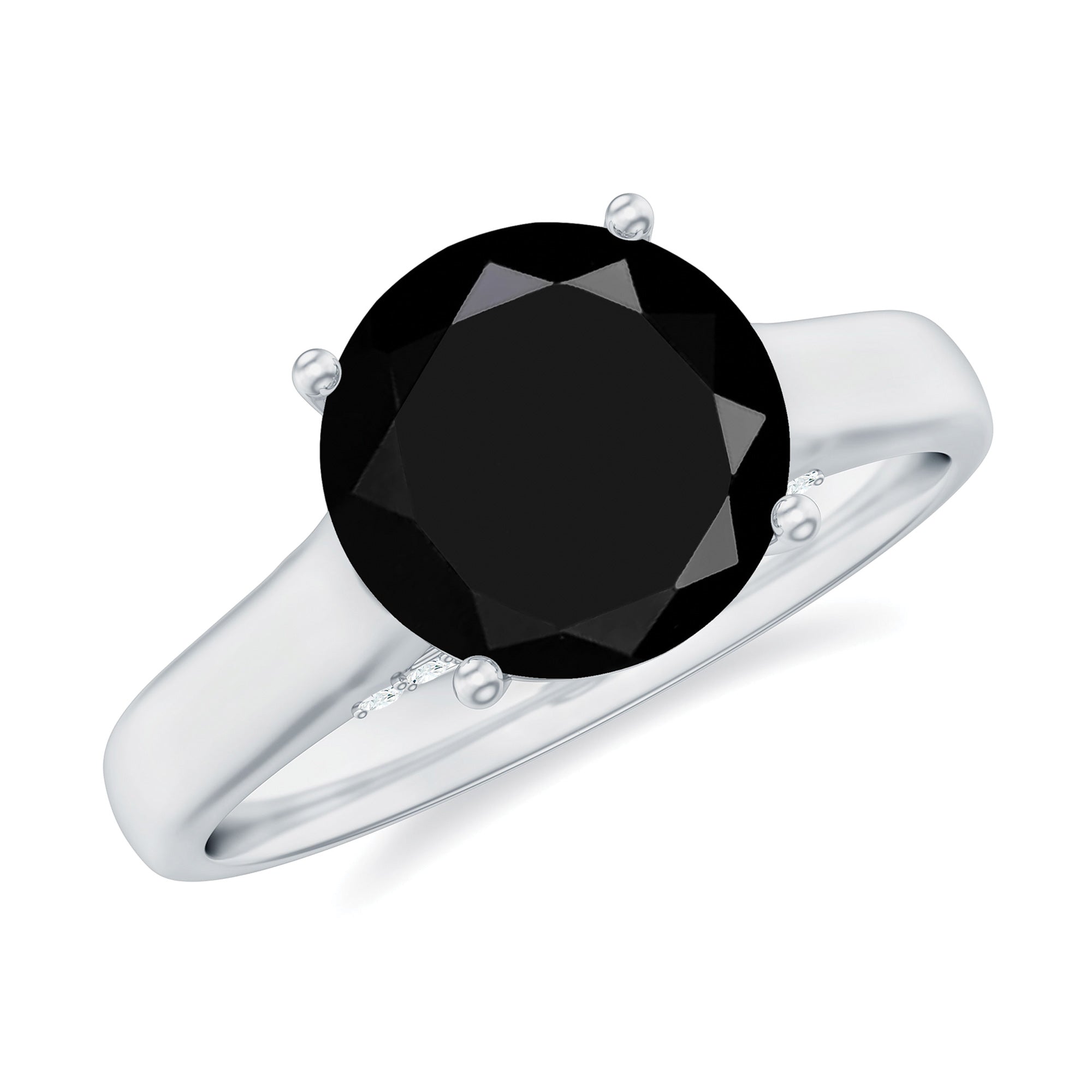 Classic Black Onyx Solitaire Ring with Surprise Diamond Accent Black Onyx - ( AAA ) - Quality - Rosec Jewels