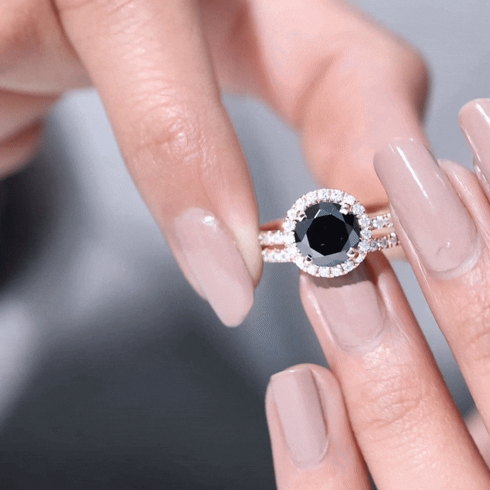 Lab Grown Black Diamond and Moissanite Halo Wedding Ring Set Lab Created Black Diamond - ( AAAA ) - Quality - Rosec Jewels