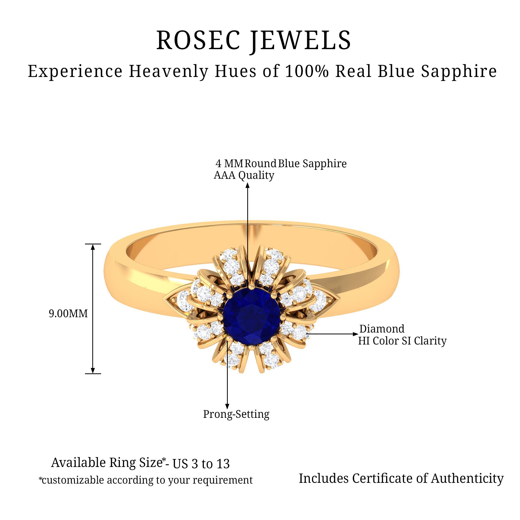 0.75 CT Blue Sapphire Flower Promise Ring with Diamond Blue Sapphire - ( AAA ) - Quality - Rosec Jewels