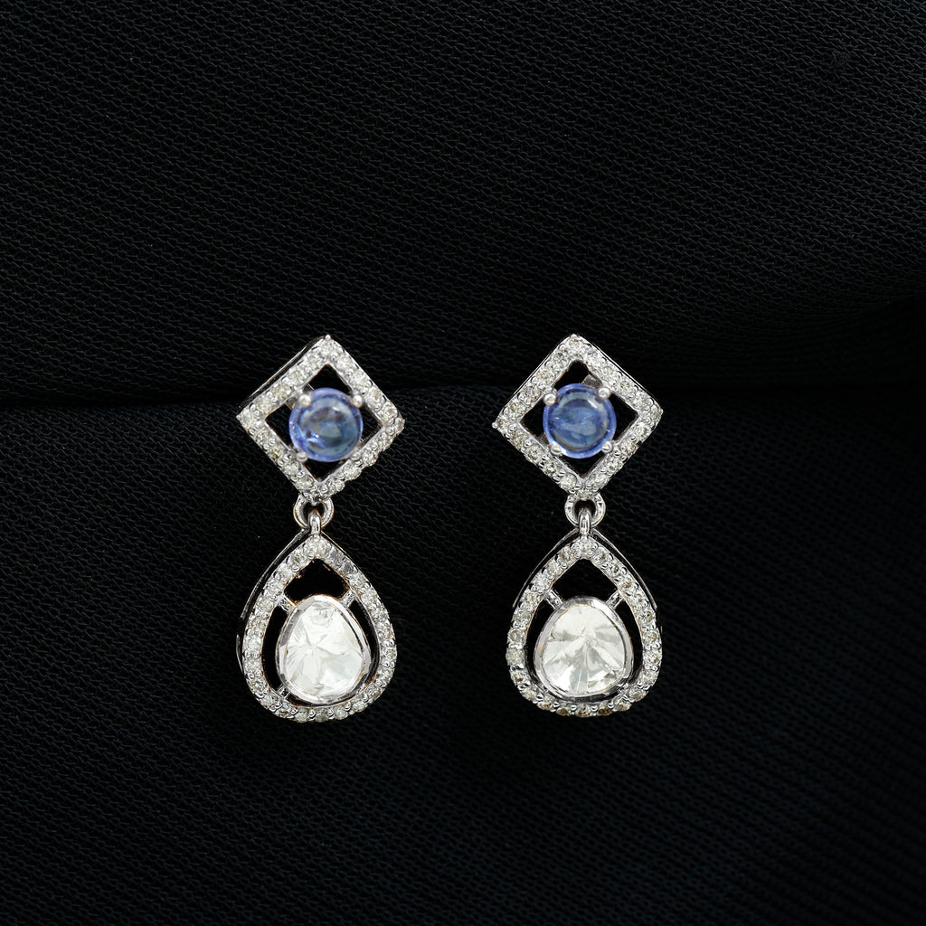 Victorian Style Polki Diamond and Tanzanite Drop Earrings in Gold - Rosec Jewels