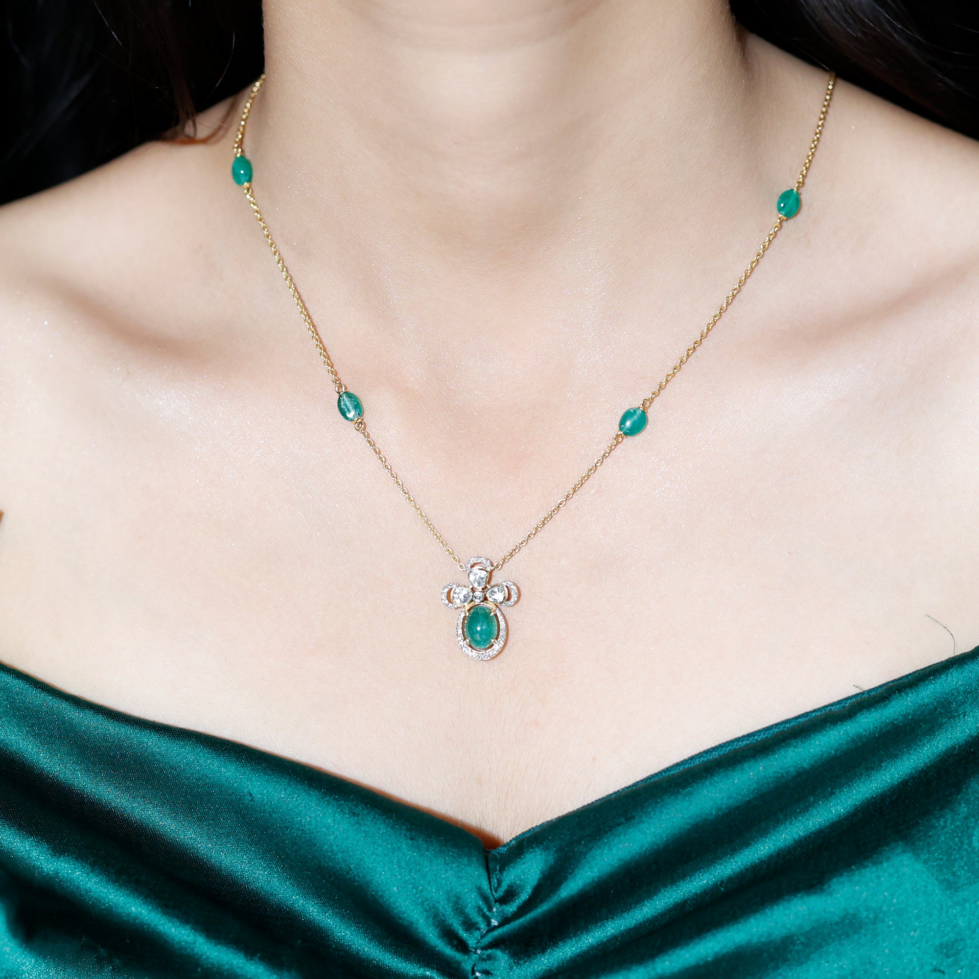 Diamond Polki and Emerald Flower Necklace - Rosec Jewels