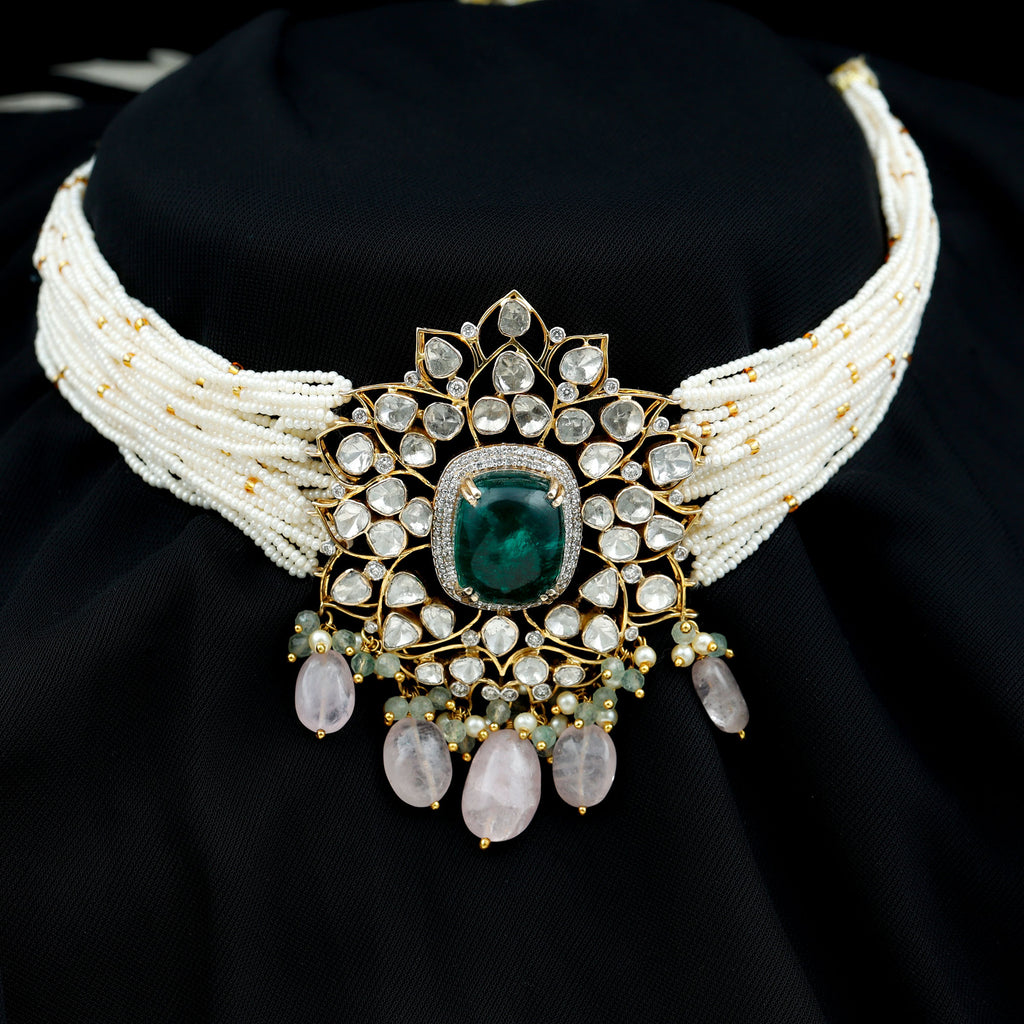 Created Emerald Flower Necklace with Polki Diamond and Morganite Accent - Rosec Jewels