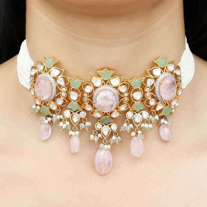 14k Gold Morganite and Diamond Polki Antique Choker Necklace with Created Emerald and Pearl - Rosec Jewels