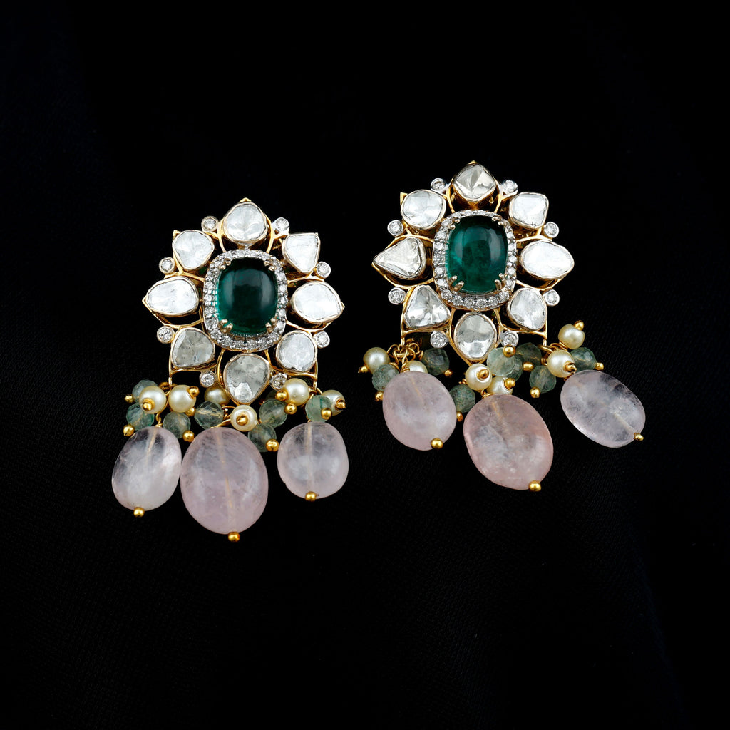 Created Emerald Diamond Polki Flower Drop Earrings with Morganite - Rosec Jewels