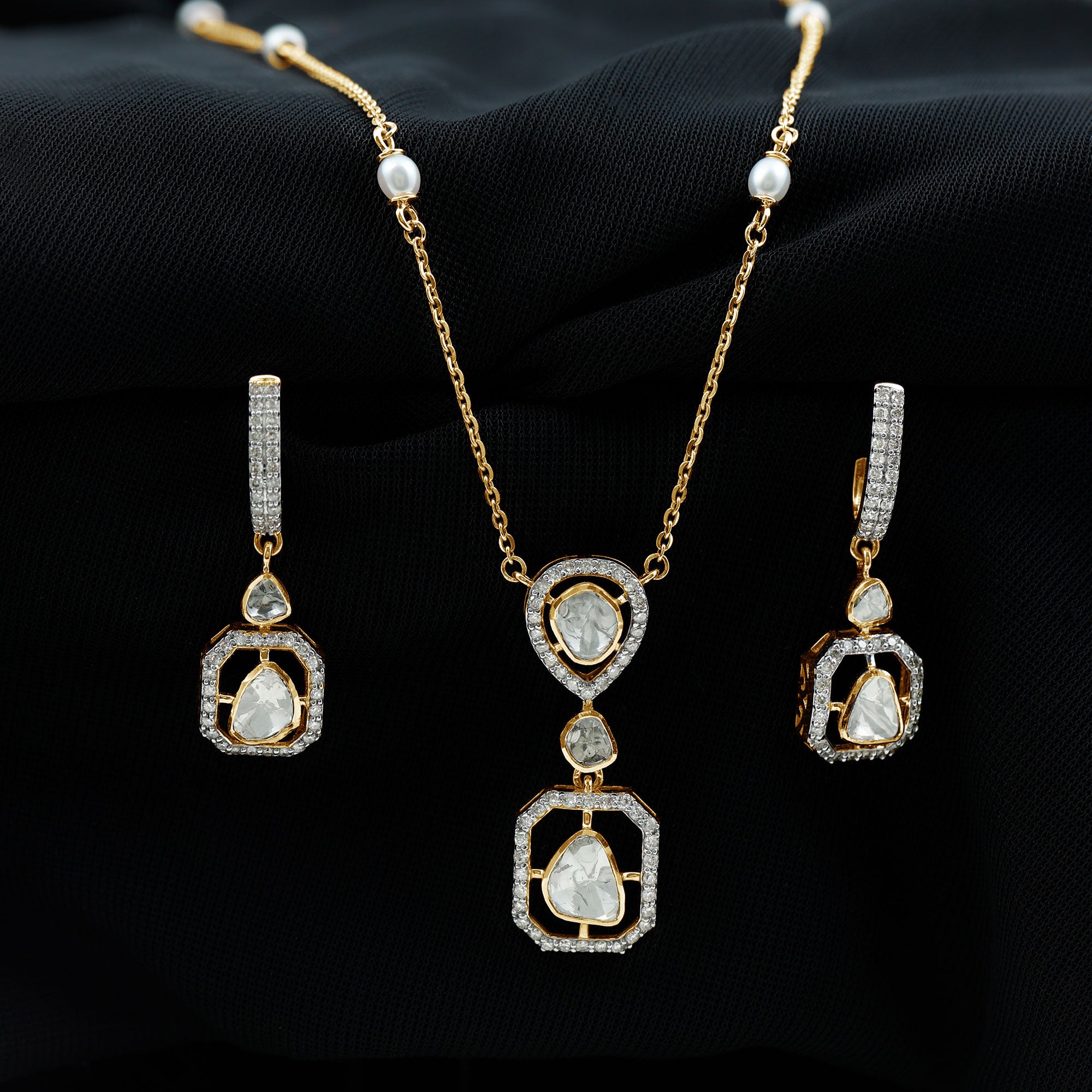Classic Dangle Jewelry Set with Polki and Real Diamond - Rosec Jewels