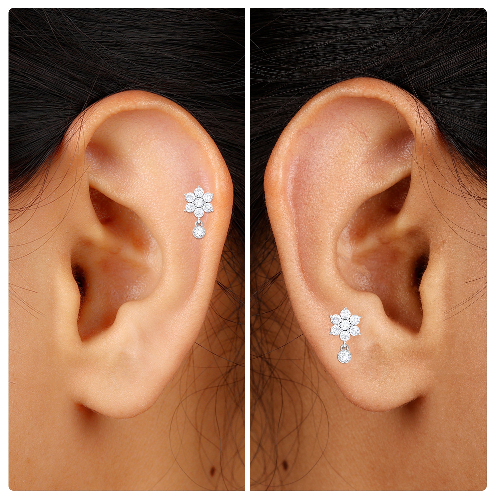 Moissanite Floral Drop Earring for Cartilage Piercing Moissanite - ( D-VS1 ) - Color and Clarity - Rosec Jewels