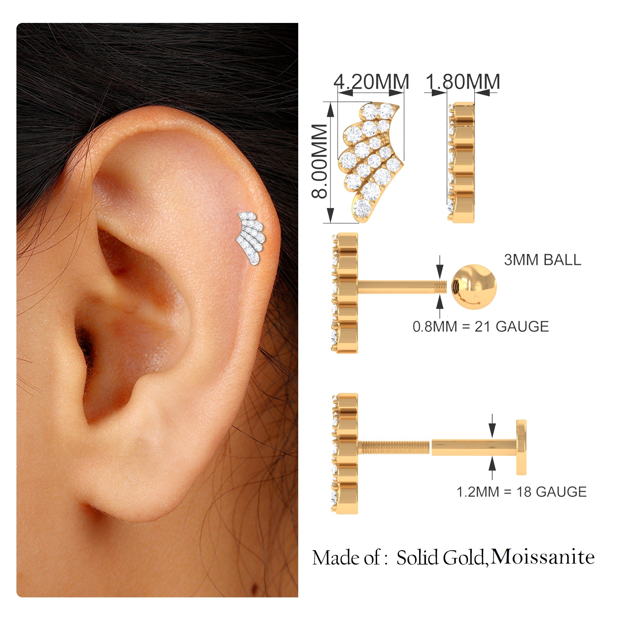 Unique Moissanite Gold Wing Earring for Upper Lobe Piercing Moissanite - ( D-VS1 ) - Color and Clarity - Rosec Jewels