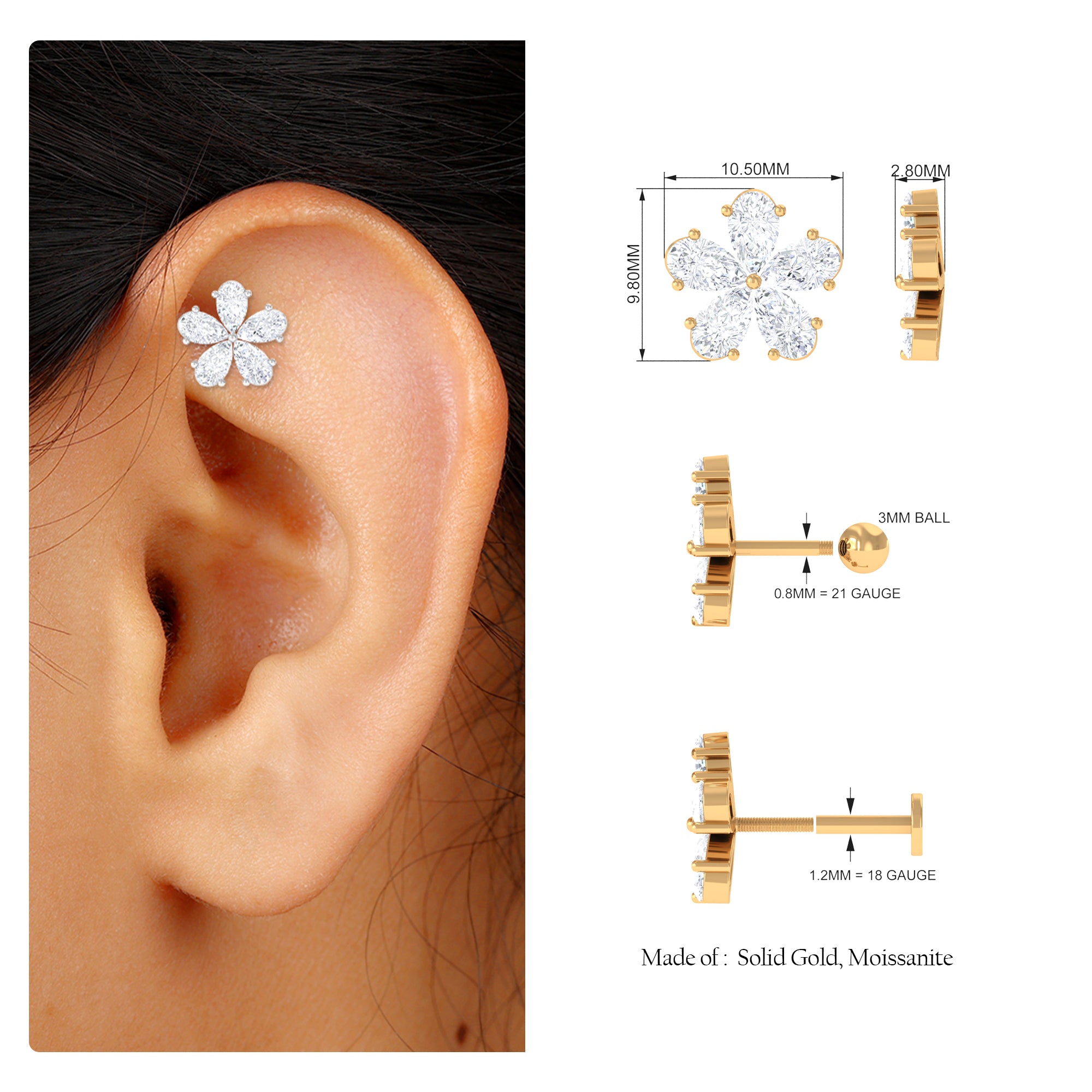 Pear Moissanite Floral Earring for Cartilage Piercing Moissanite - ( D-VS1 ) - Color and Clarity - Rosec Jewels