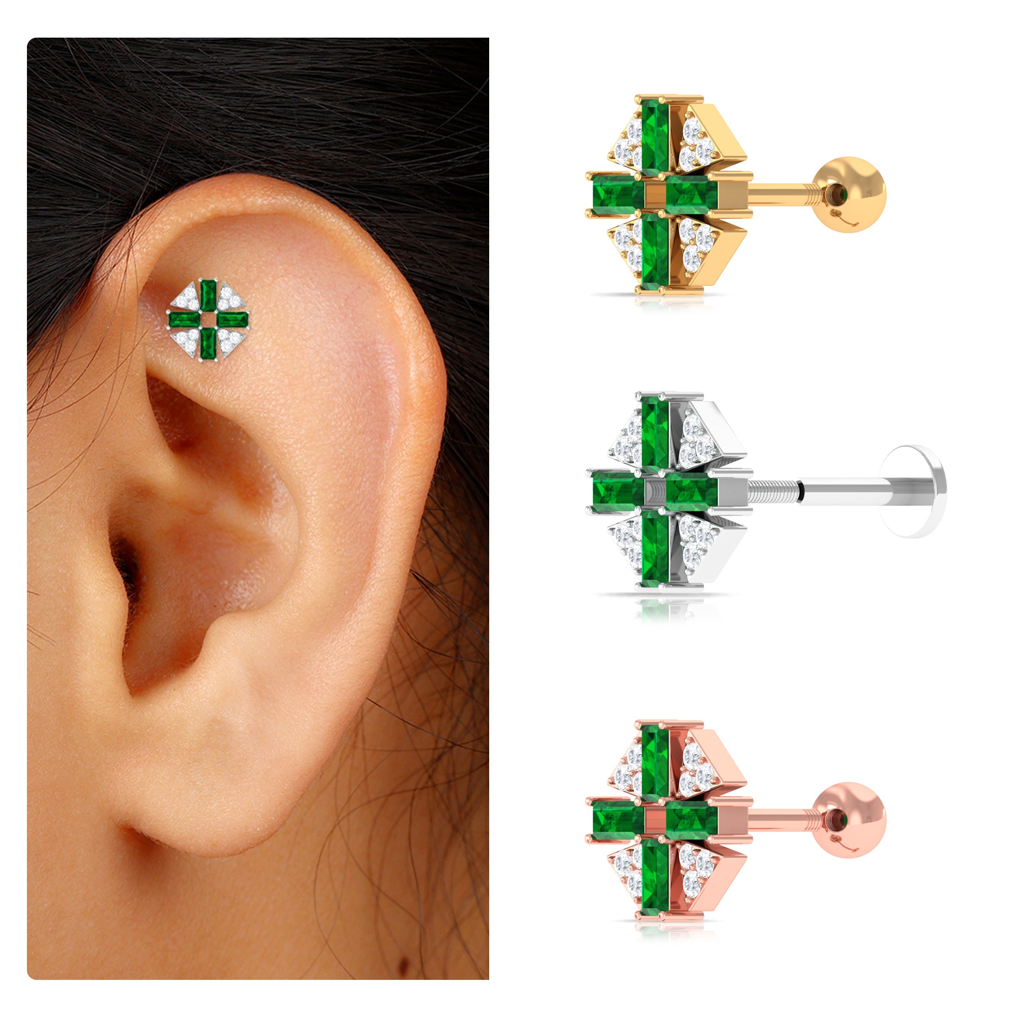 Baguette Created Emerald Unique Helix Earring with Moissanite Lab Created Emerald - ( AAAA ) - Quality - Rosec Jewels