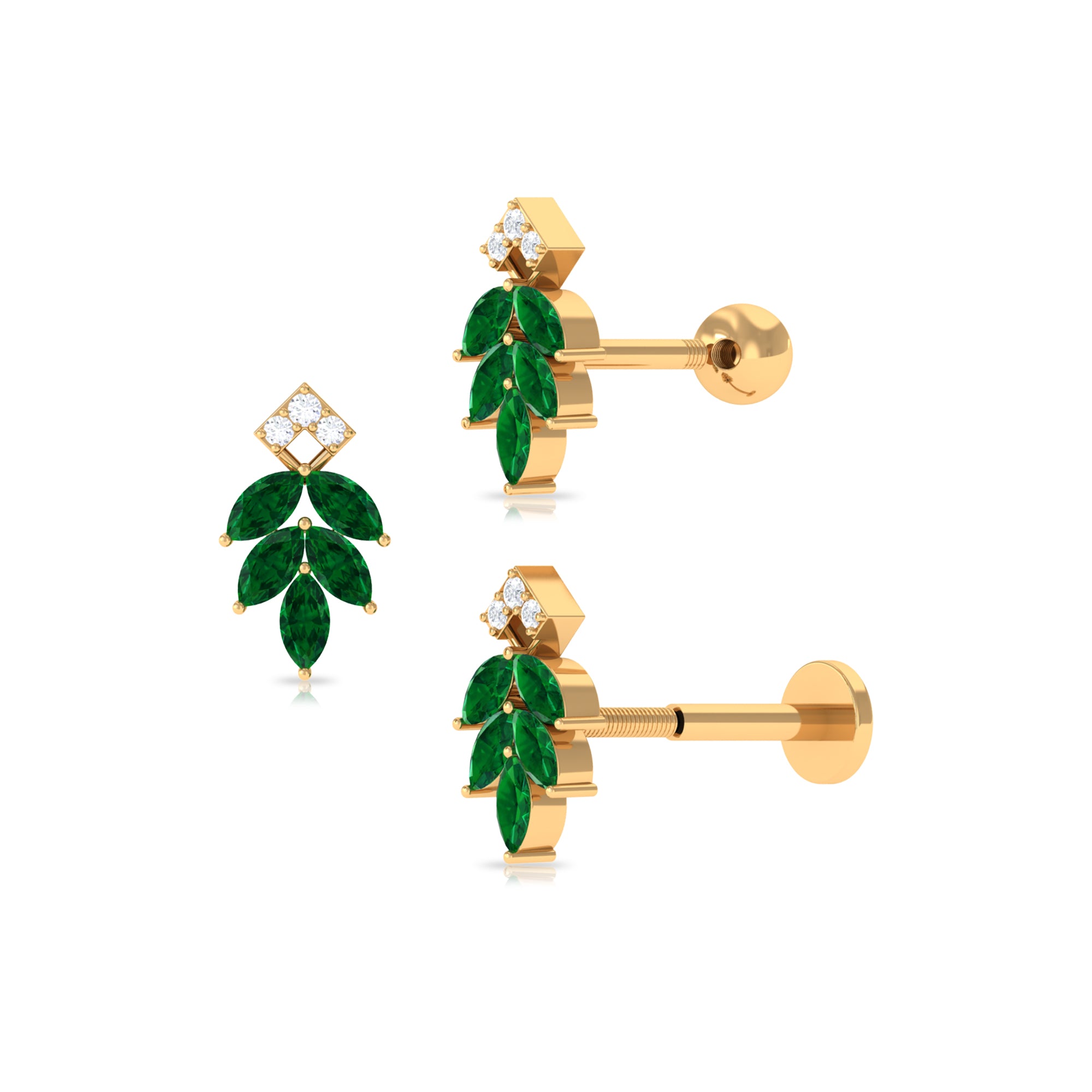 Emerald and Diamond Leaf Cartilage Earring Emerald - ( AAA ) - Quality - Rosec Jewels
