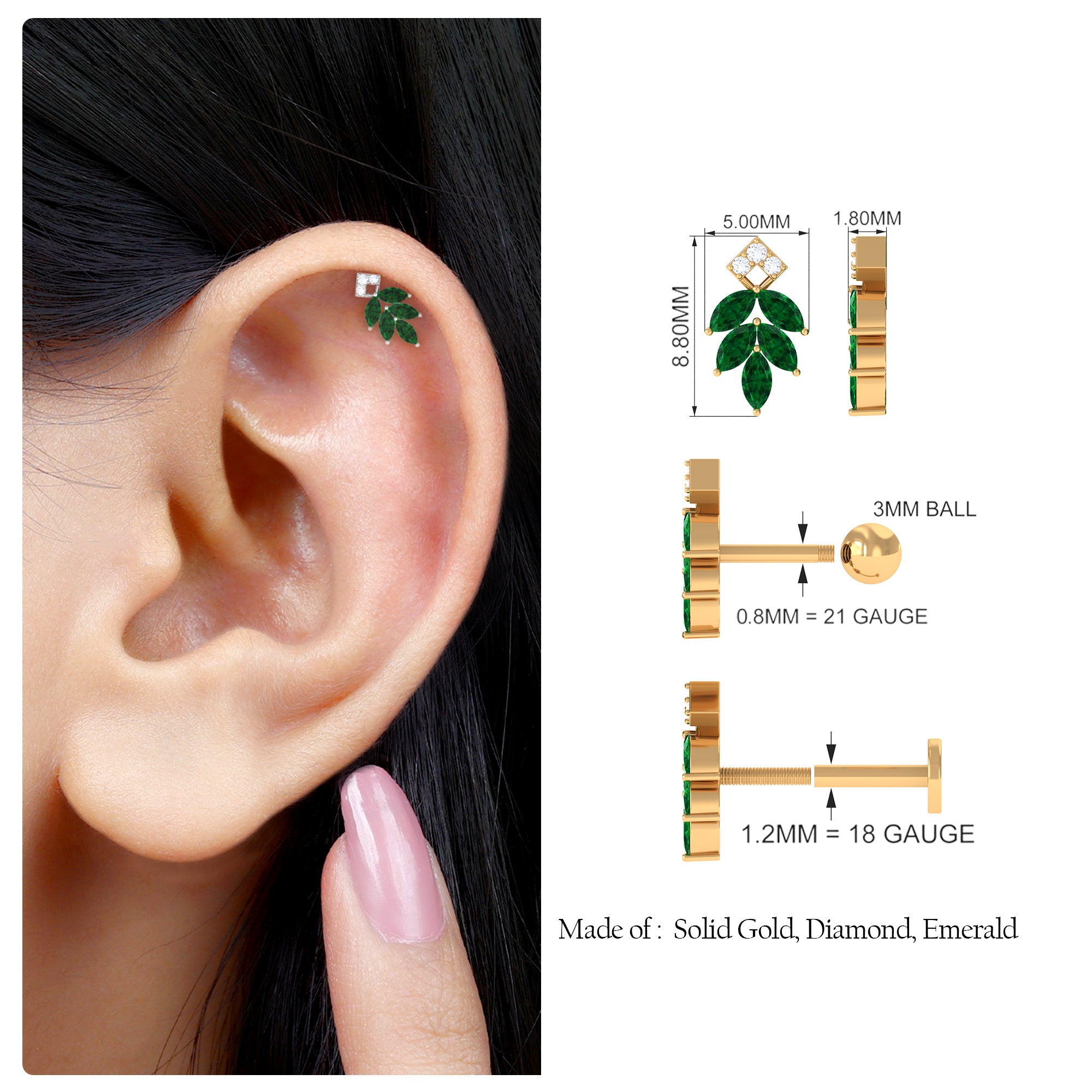 Emerald and Diamond Leaf Cartilage Earring Emerald - ( AAA ) - Quality - Rosec Jewels