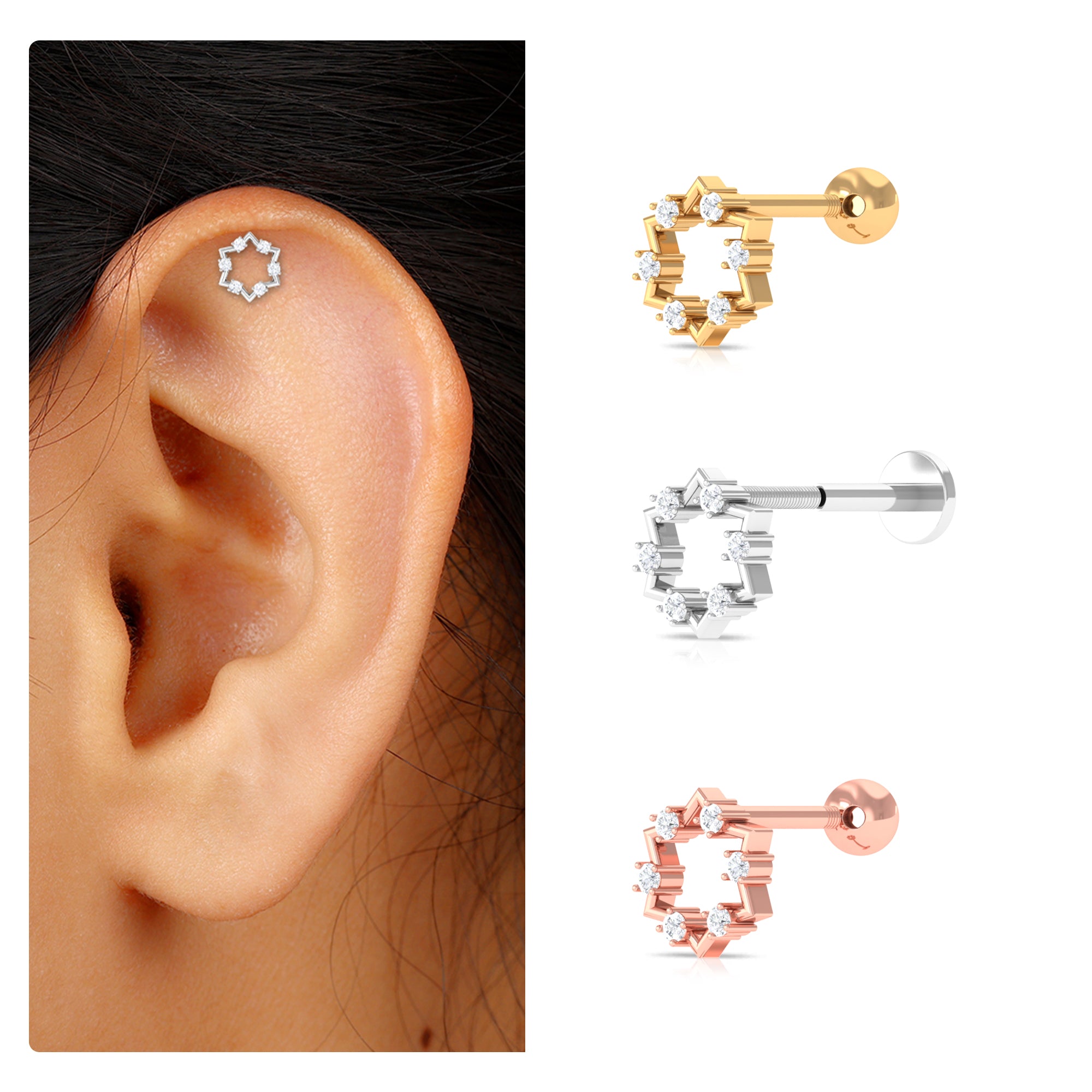 Unique Real Diamond Gold Star Earring for Cartilage Piercing Diamond - ( HI-SI ) - Color and Clarity - Rosec Jewels