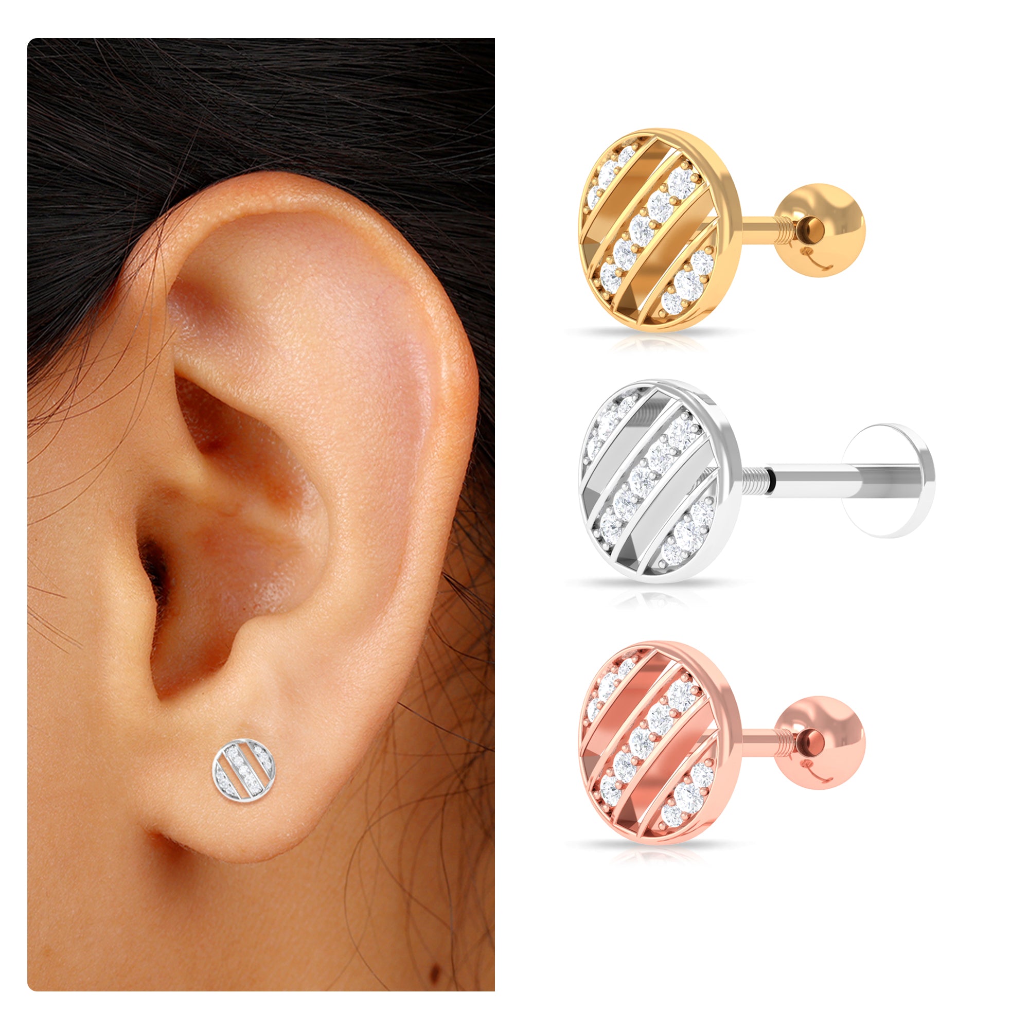 Unique Diamond Circle Geometric Earring in Gold Diamond - ( HI-SI ) - Color and Clarity - Rosec Jewels