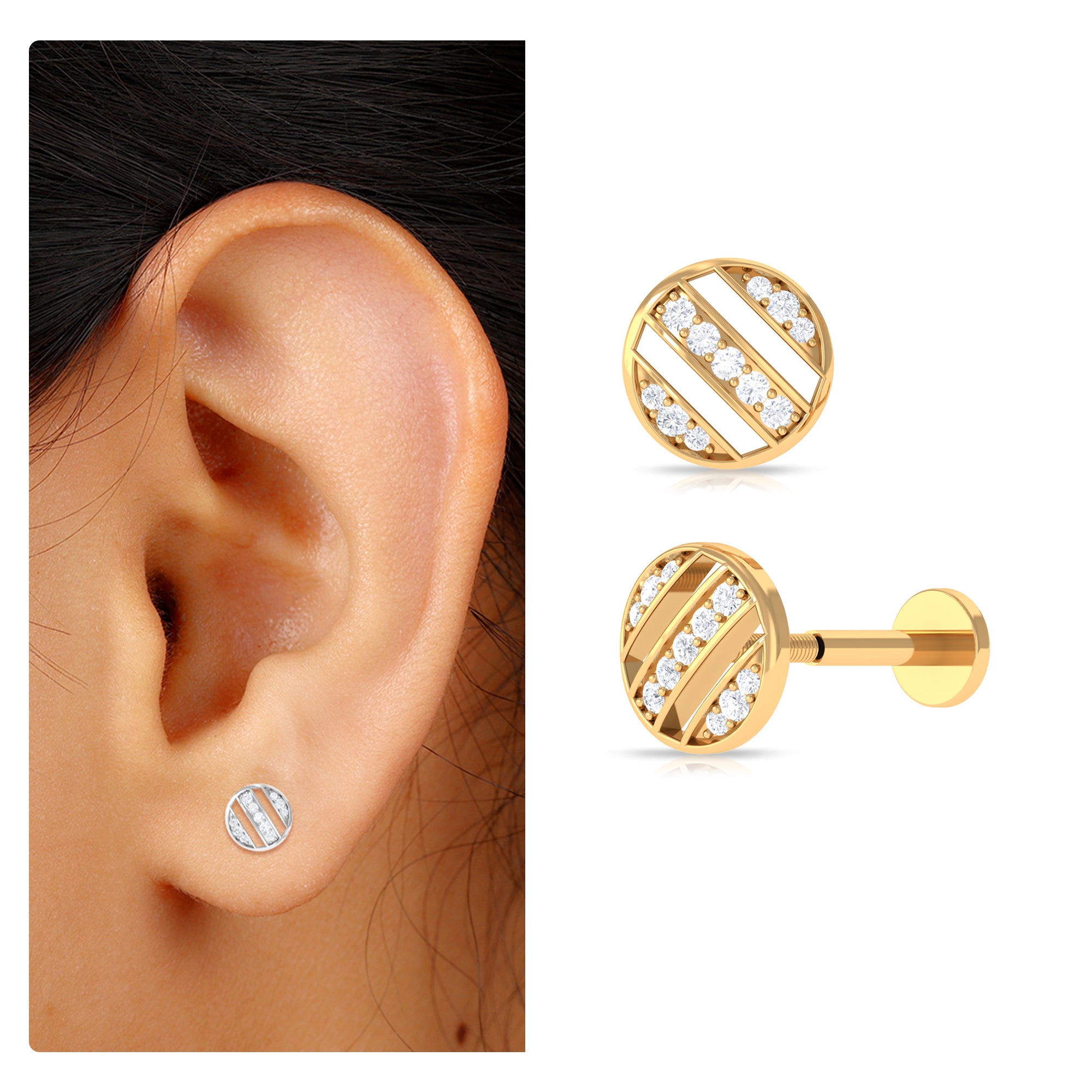 Unique Diamond Circle Geometric Earring in Gold Diamond - ( HI-SI ) - Color and Clarity - Rosec Jewels
