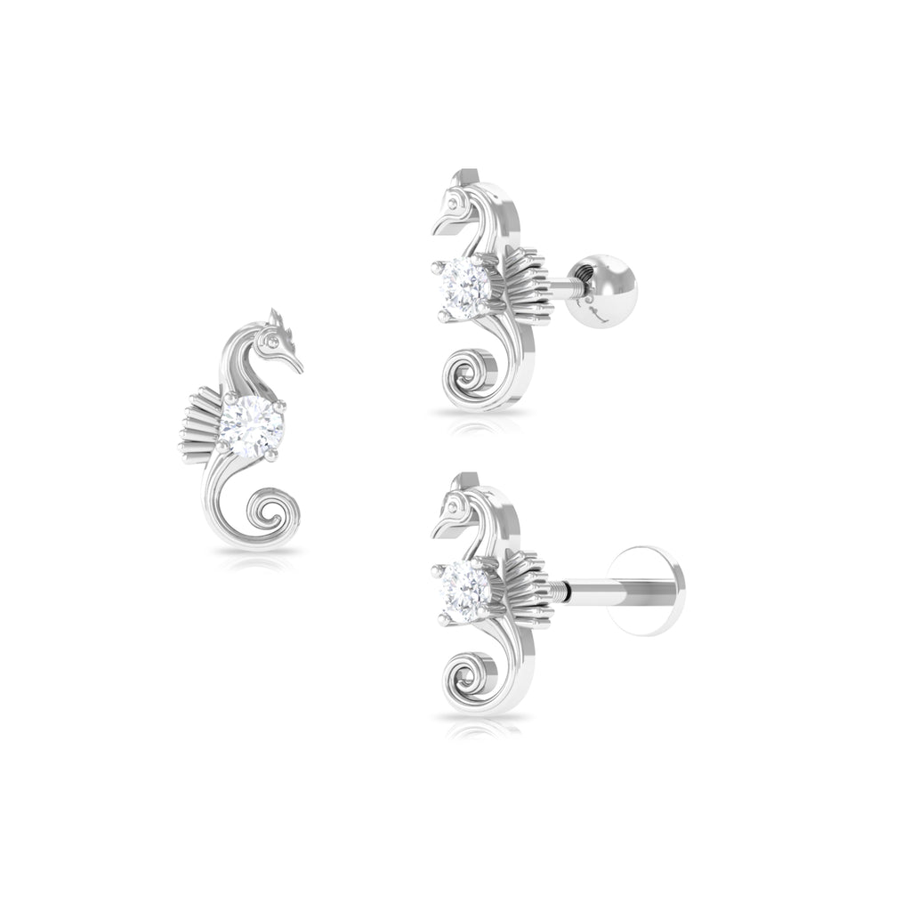 Real Diamond Cute Sea Horse Earring for Helix Piercing Diamond - ( HI-SI ) - Color and Clarity - Rosec Jewels