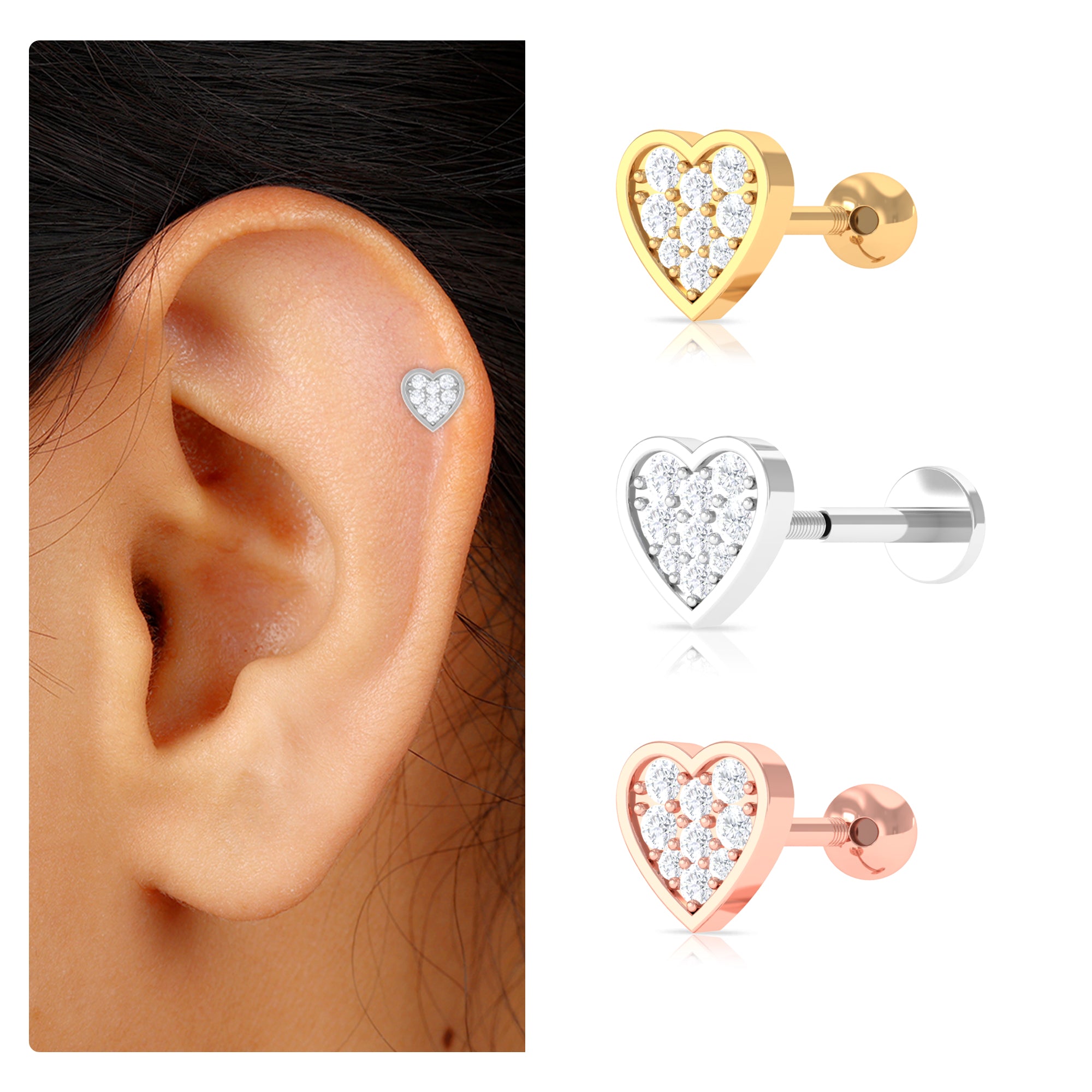 Real Moissanite Heart Earring for Upper Lobe Piercing Moissanite - ( D-VS1 ) - Color and Clarity - Rosec Jewels