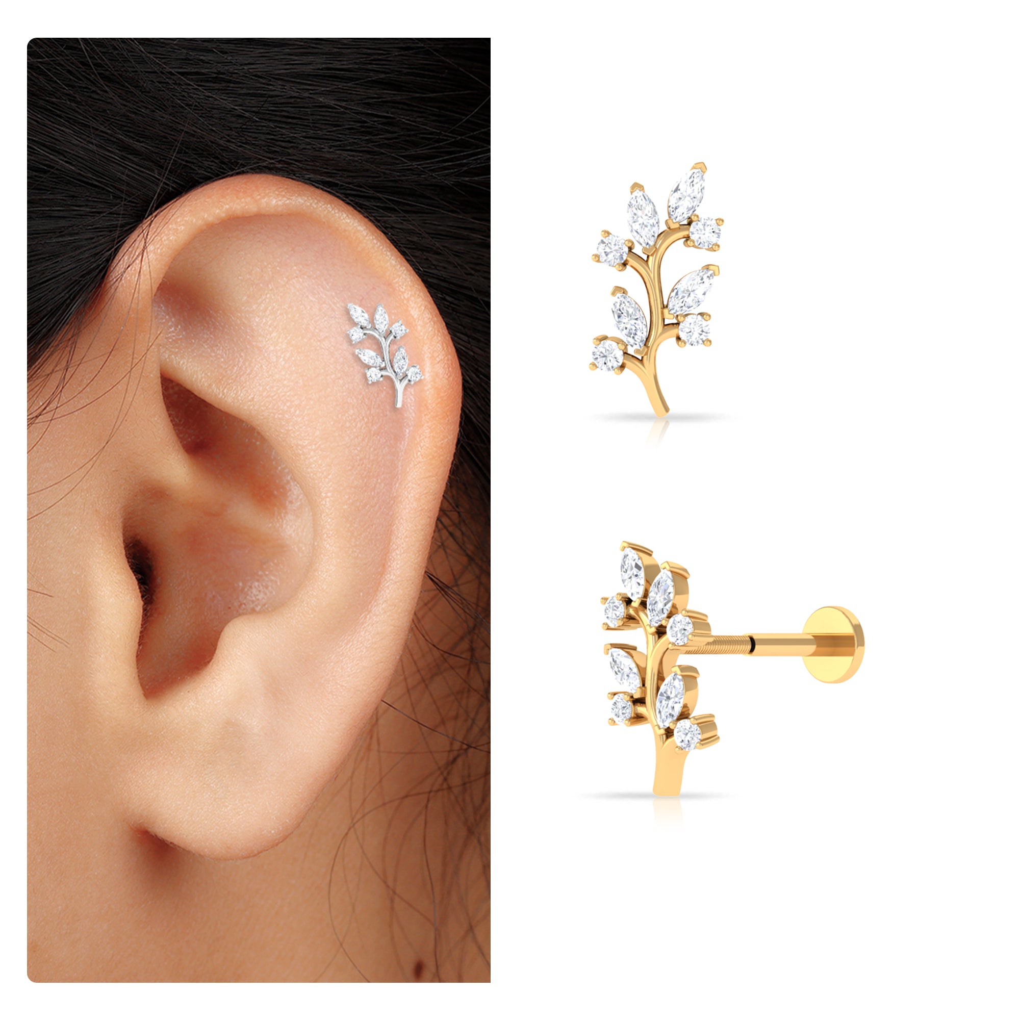 Marquise and Round Moissanite Leaf Earring for Helix Piercing Moissanite - ( D-VS1 ) - Color and Clarity - Rosec Jewels