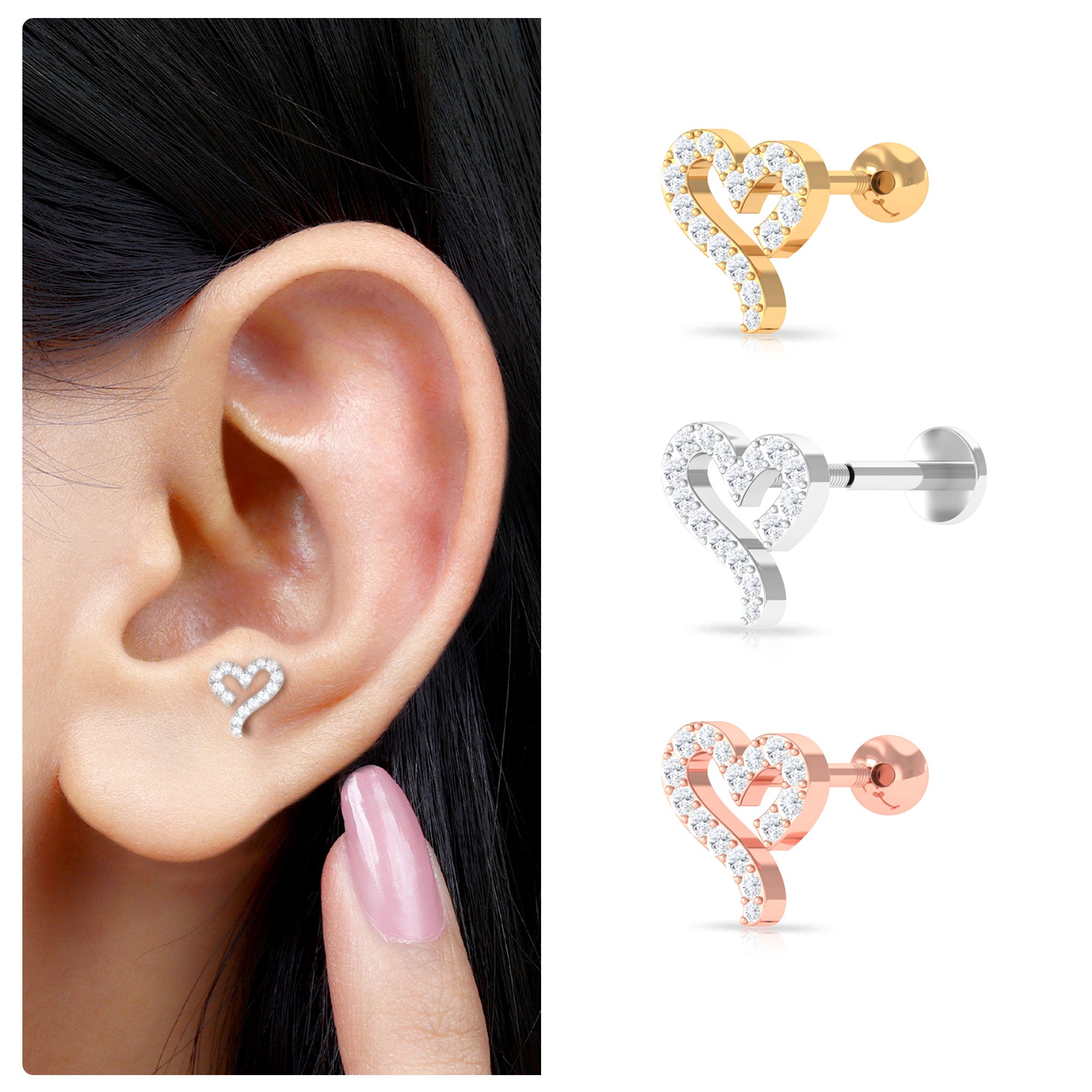 Moissanite Open Heart Earring for Helix Piercing Moissanite - ( D-VS1 ) - Color and Clarity - Rosec Jewels