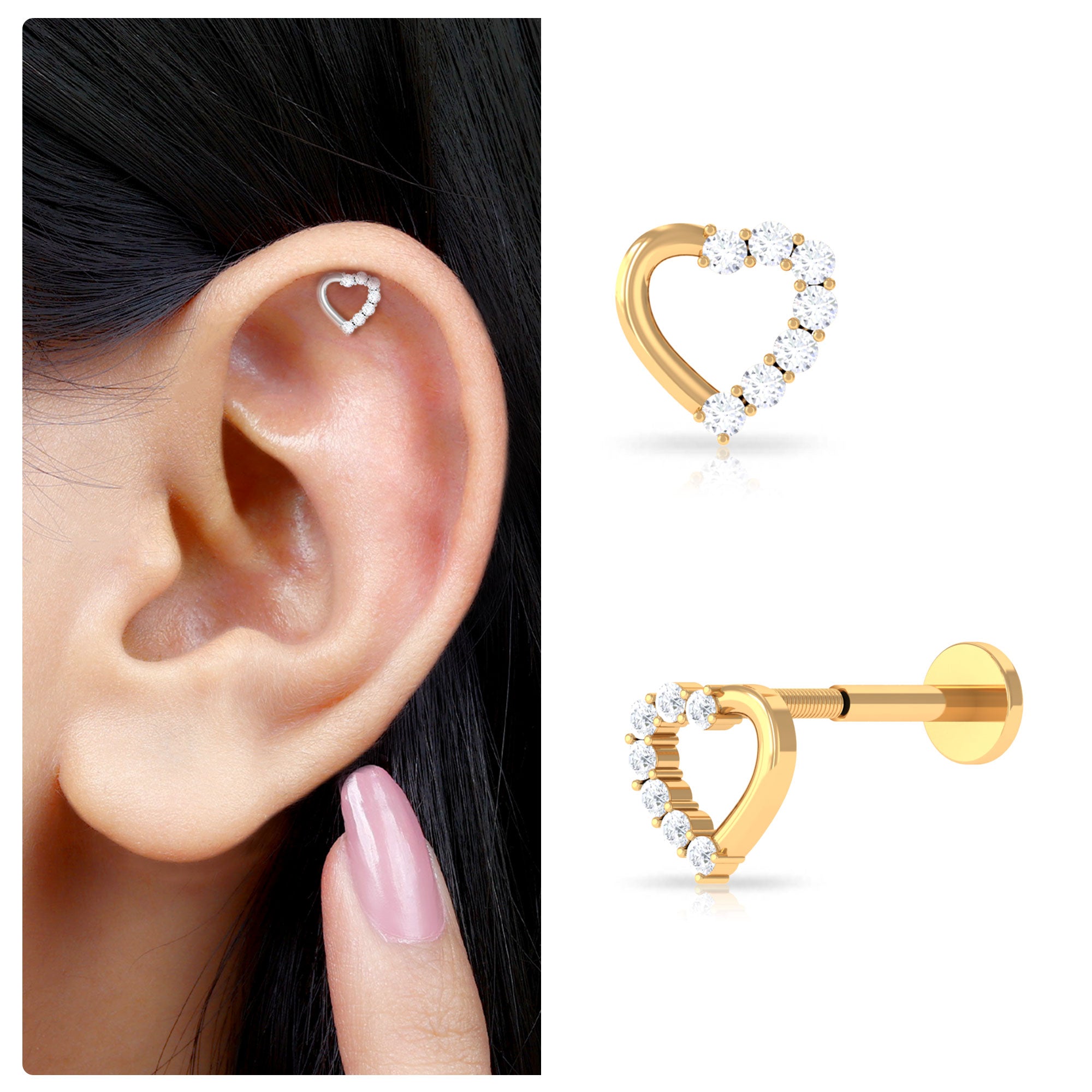 Cute Diamond Gold Heart Earring for Helix Piercing Diamond - ( HI-SI ) - Color and Clarity - Rosec Jewels