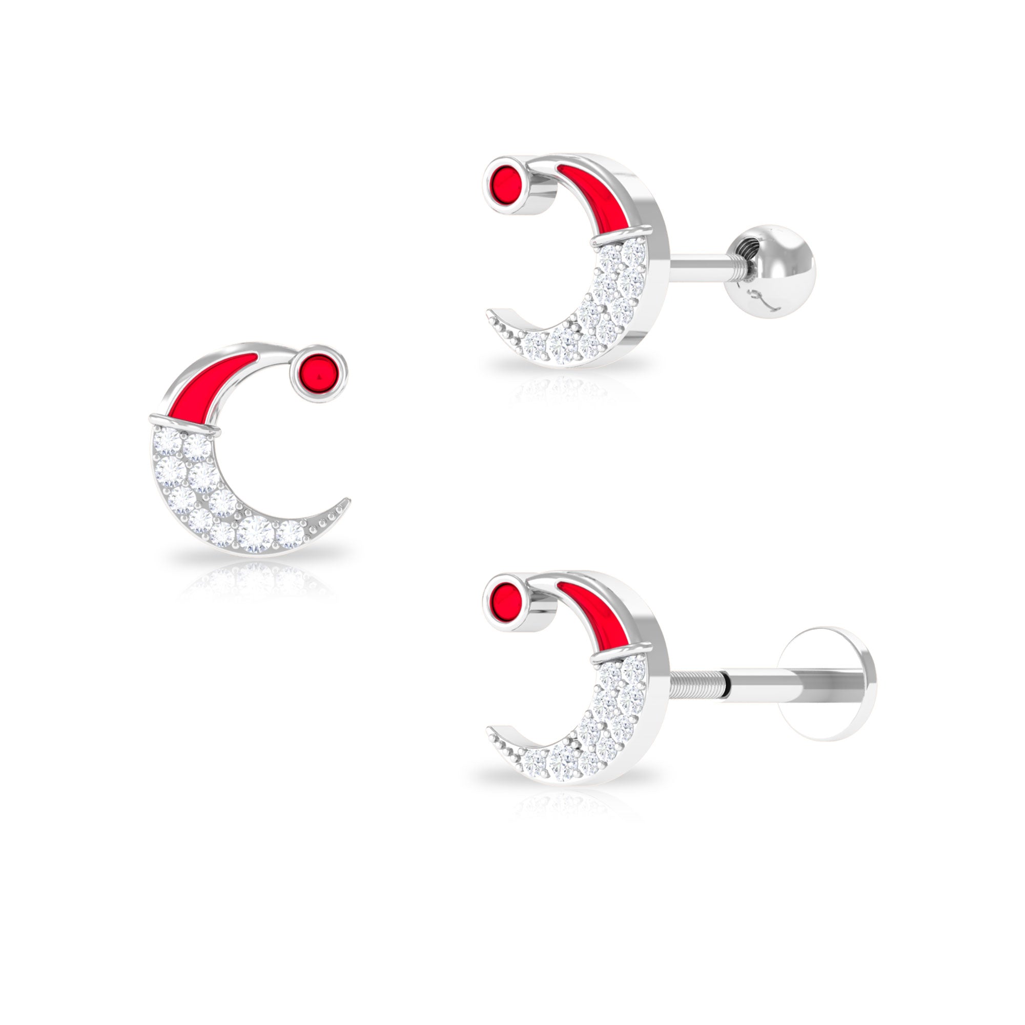 Real Diamond Red Enamel Xmas Crescent Moon Conch Earring Diamond - ( HI-SI ) - Color and Clarity - Rosec Jewels